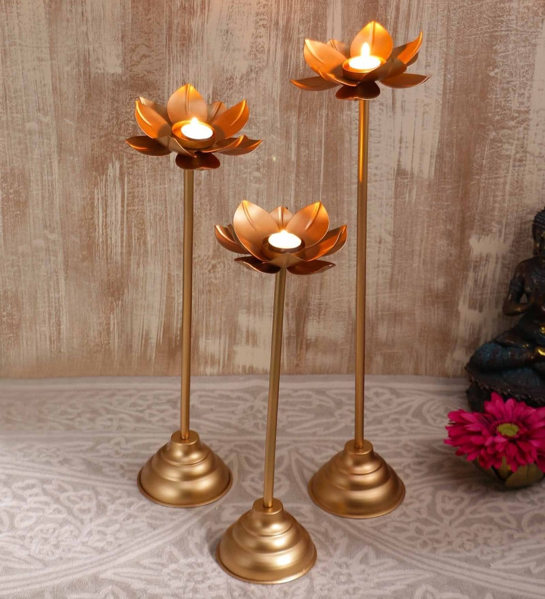 Buy Gold Metal Table Tea Light Holder Set of 3 by Baandhani Online