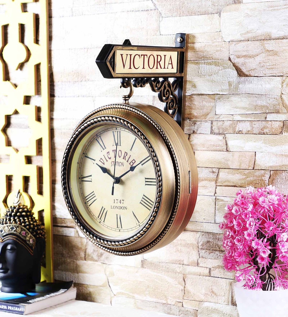 Buy Golden Plastic Dual Antique Victoria Analog Railway Clock by Exim Decor Online Railway