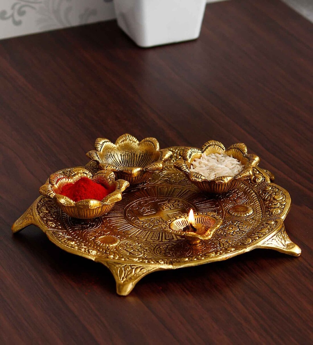 Buy Golden Swastik Metal Pooja Thali With 3 Bowls And 1 Diya By 5756