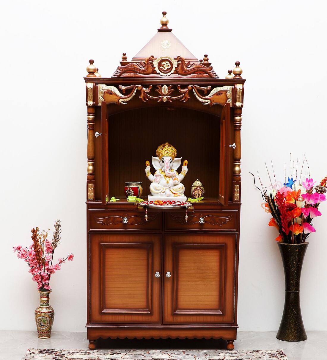 Buy Golden Teak Wood Floor Rested Mandir With Door at 37% OFF by DZYN ...