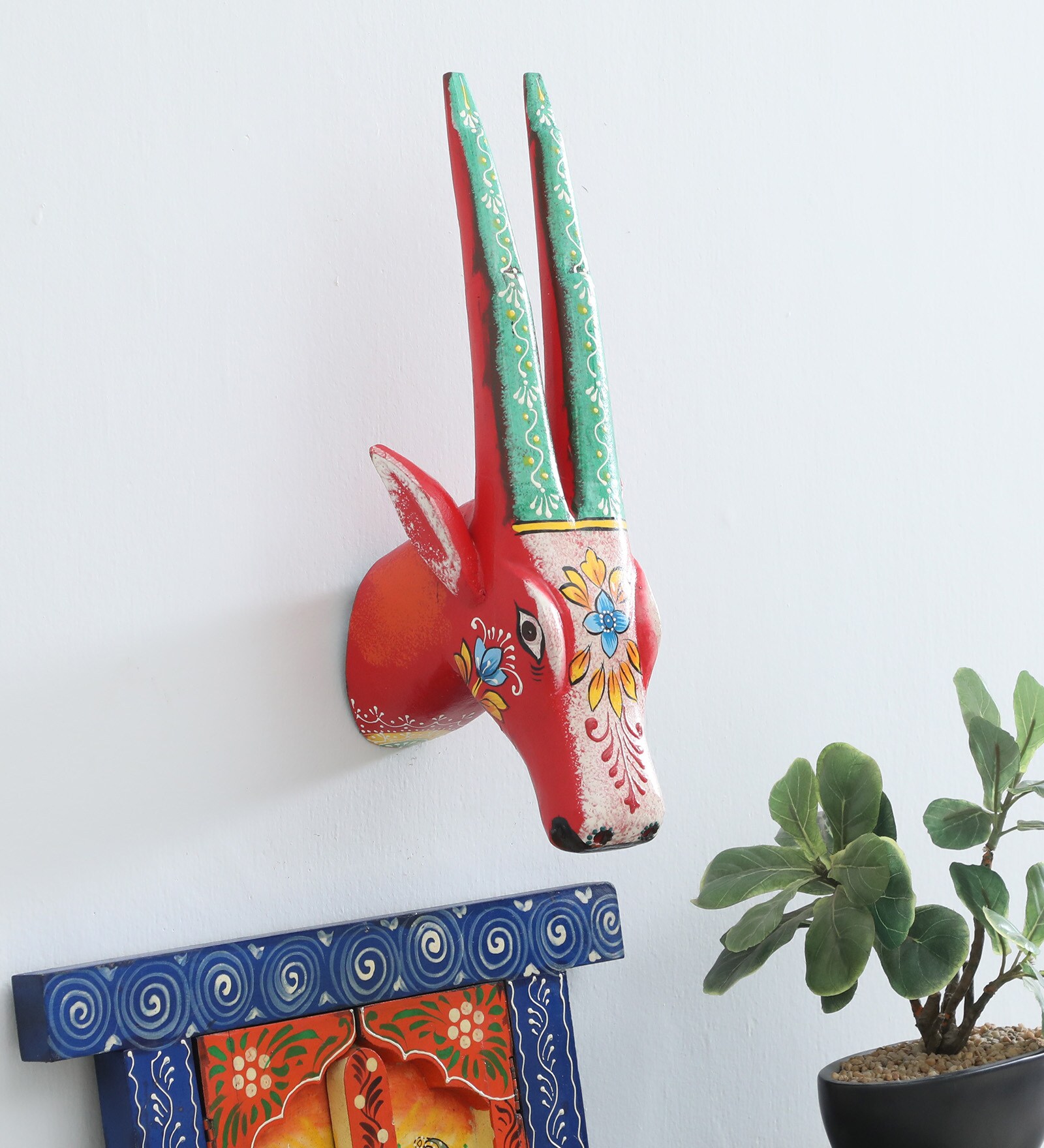 Red Goat Sclupture Mango Wood Wall Mask