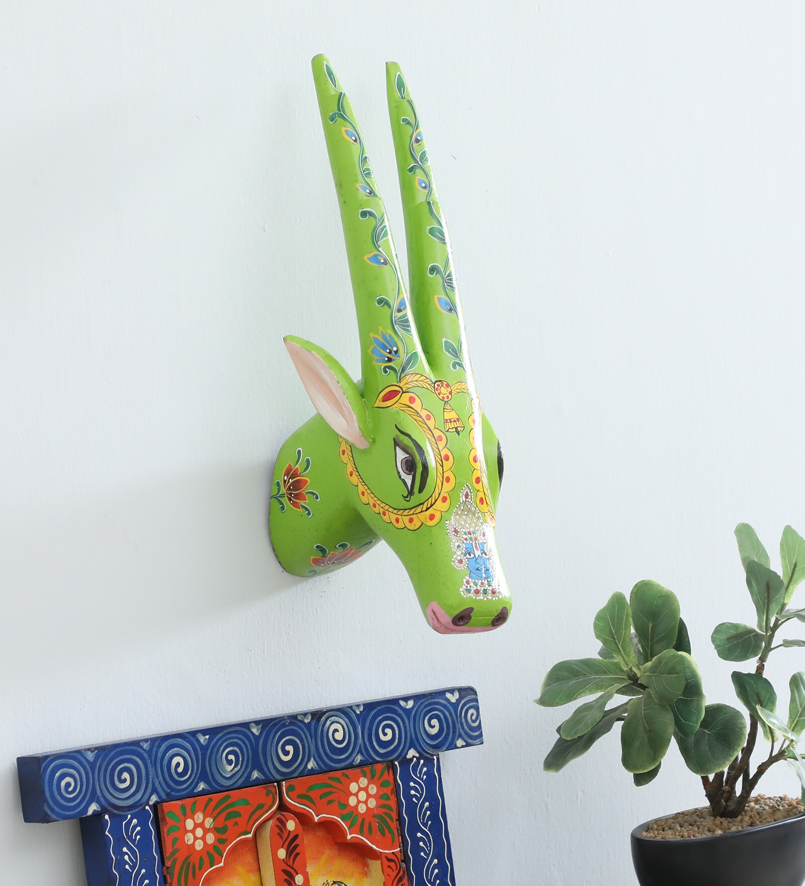 Green Goat Sclupture Mango Wood Wall Mask