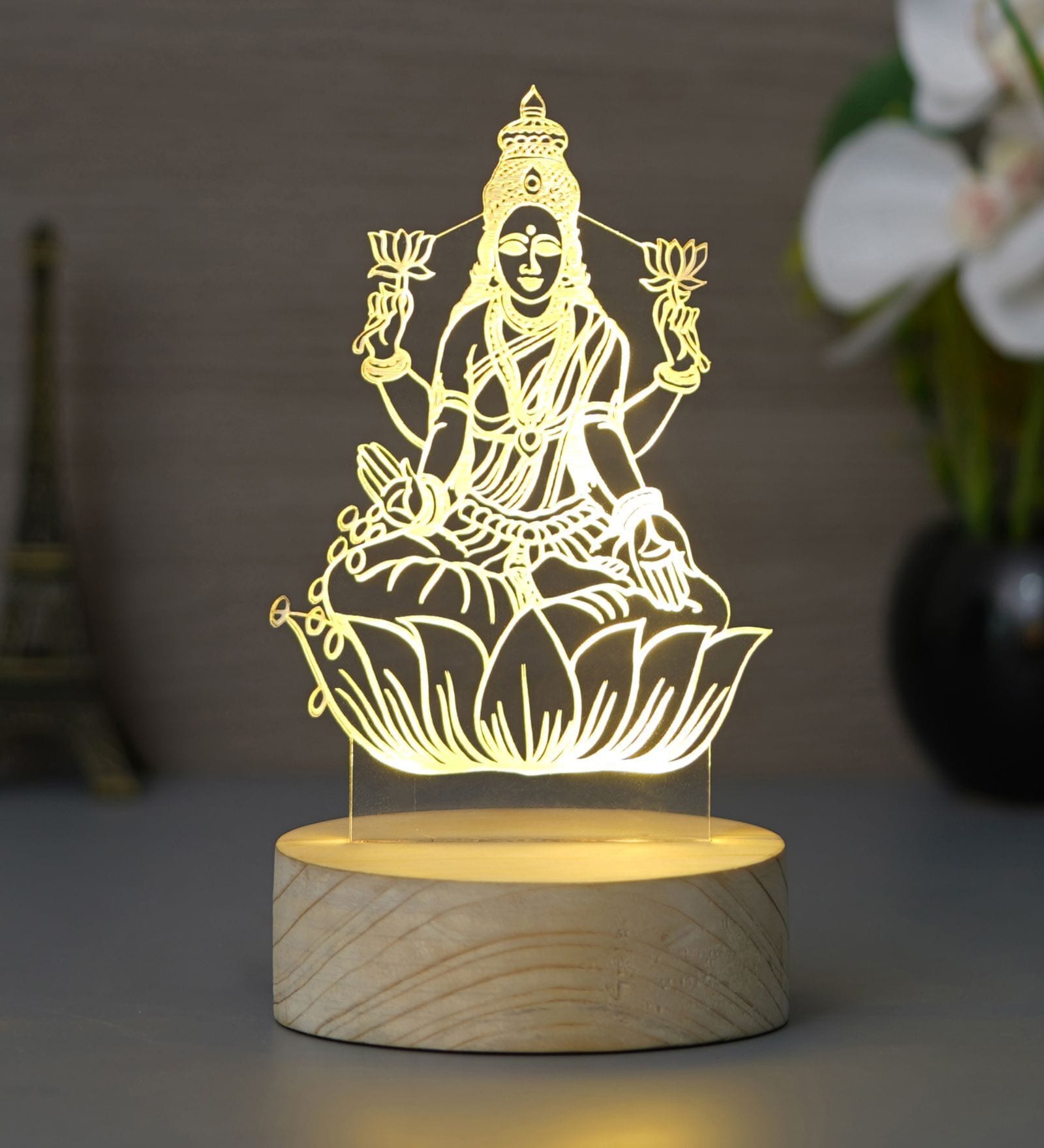 Goddess Saraswati Design Acrylic & Wood Base LED Table Lamp (With Rechargeble Battery)