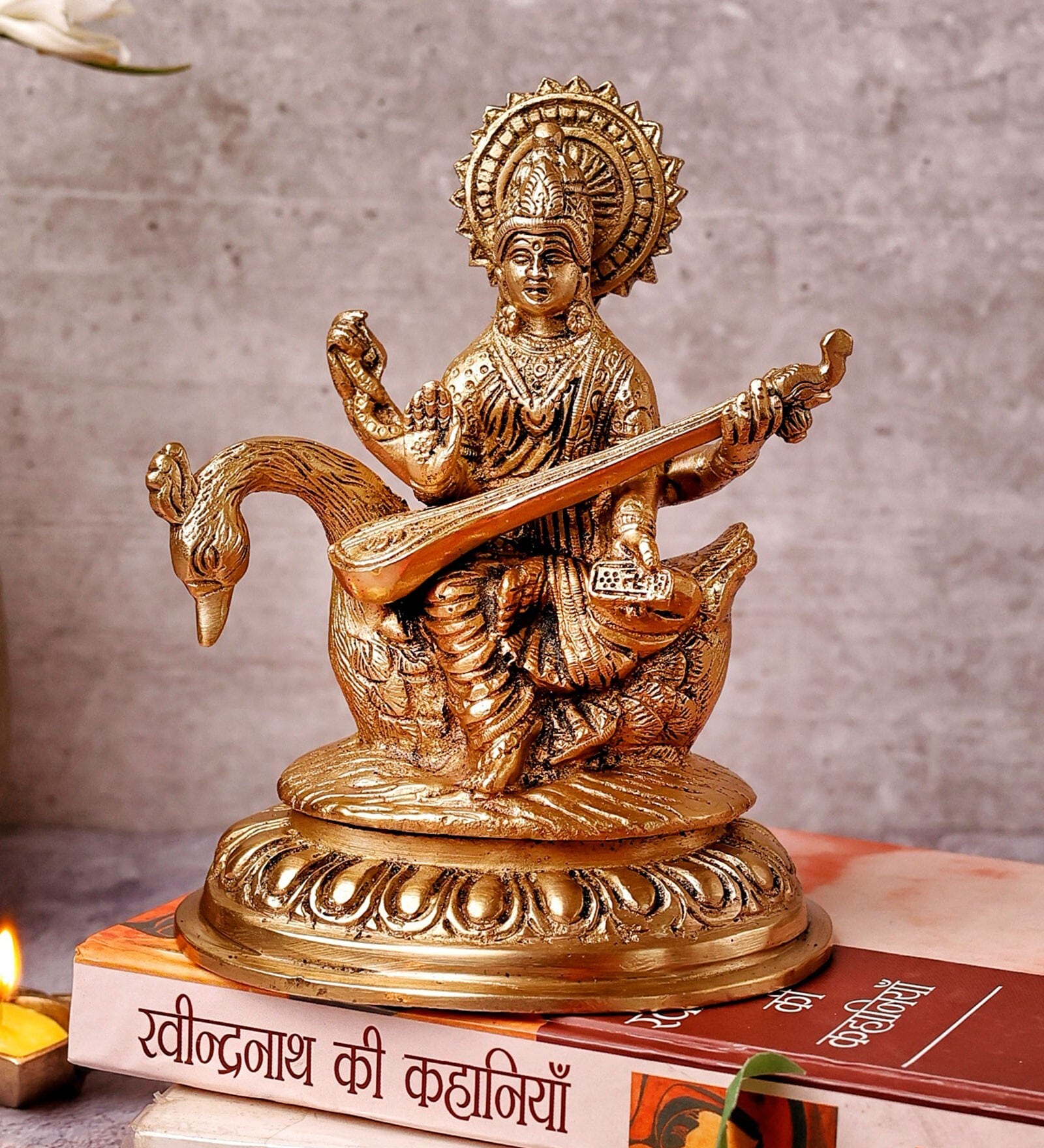 Goddess Saraswati Sitting On Hans Brass Religious Idol
