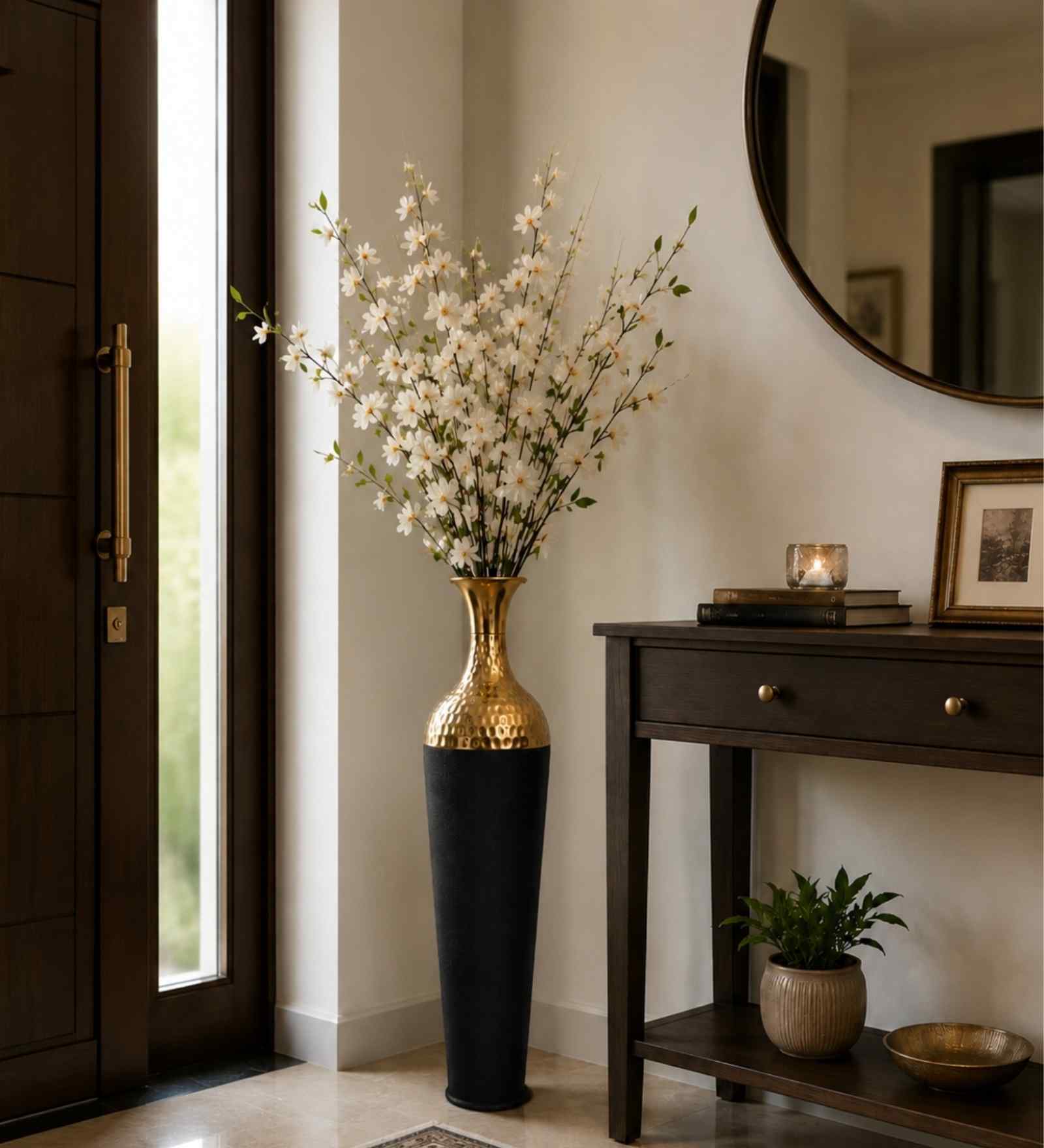 Gold & Black Metal Hammered Vase, Bottle Shape Flower Vase for HomeDecor