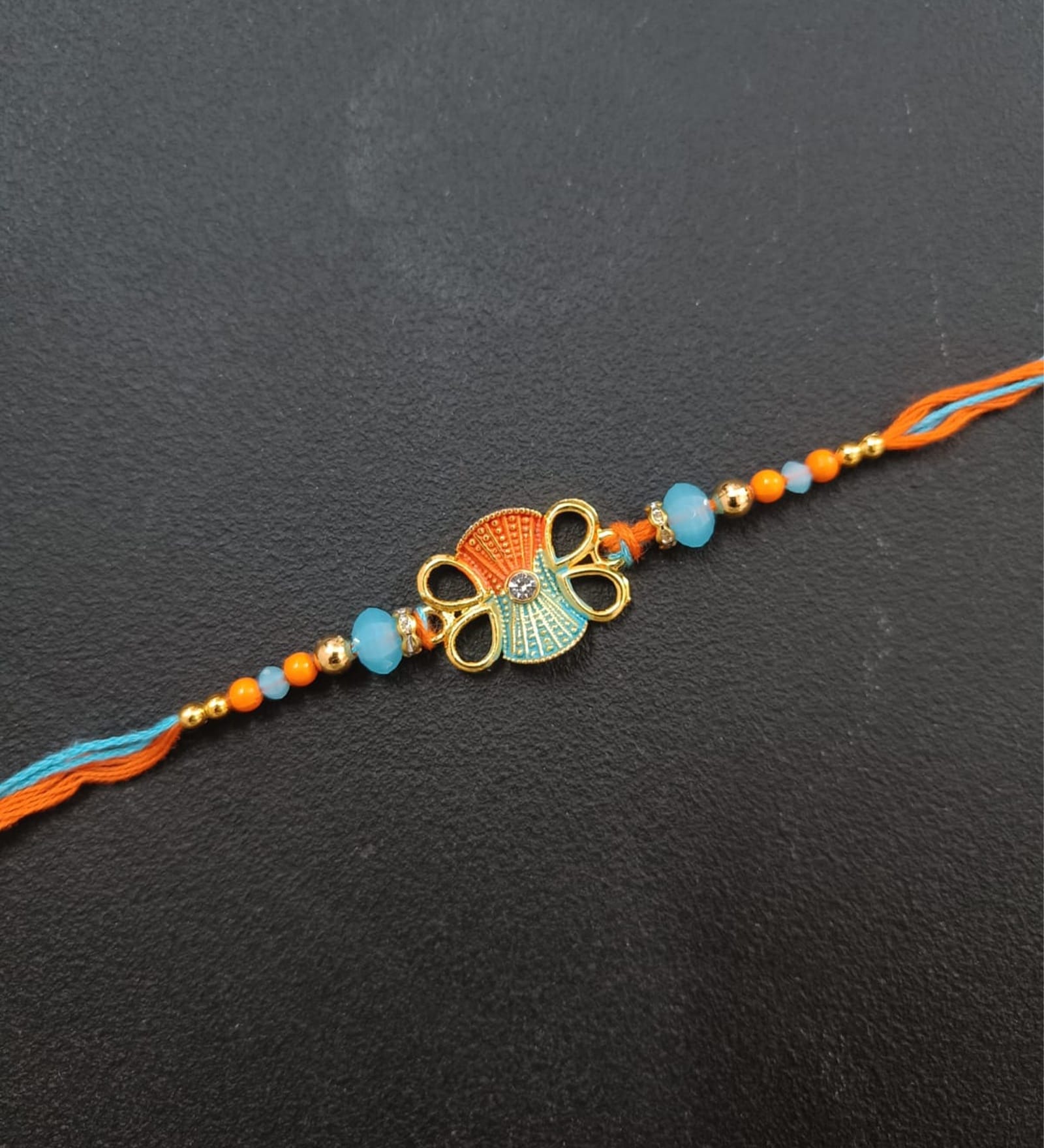 Gold & Blue Antique Butterfly Enamel Rakhi With Soft Thread