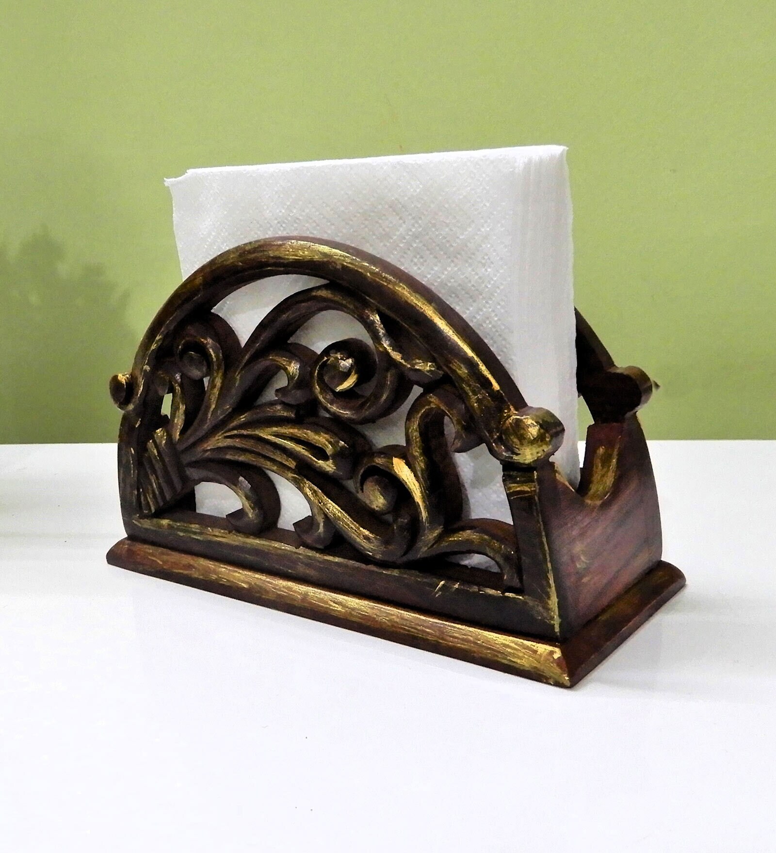 Gold & Brown  Handpainted  Wood   Tissue Holder