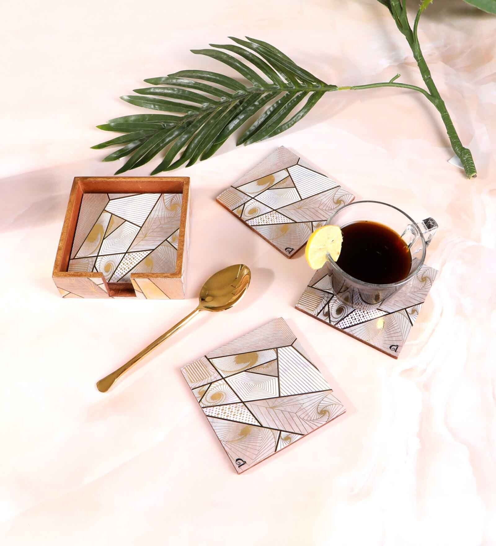 Gold & Cream Mdf Wood Square (Set of 6) Coasters