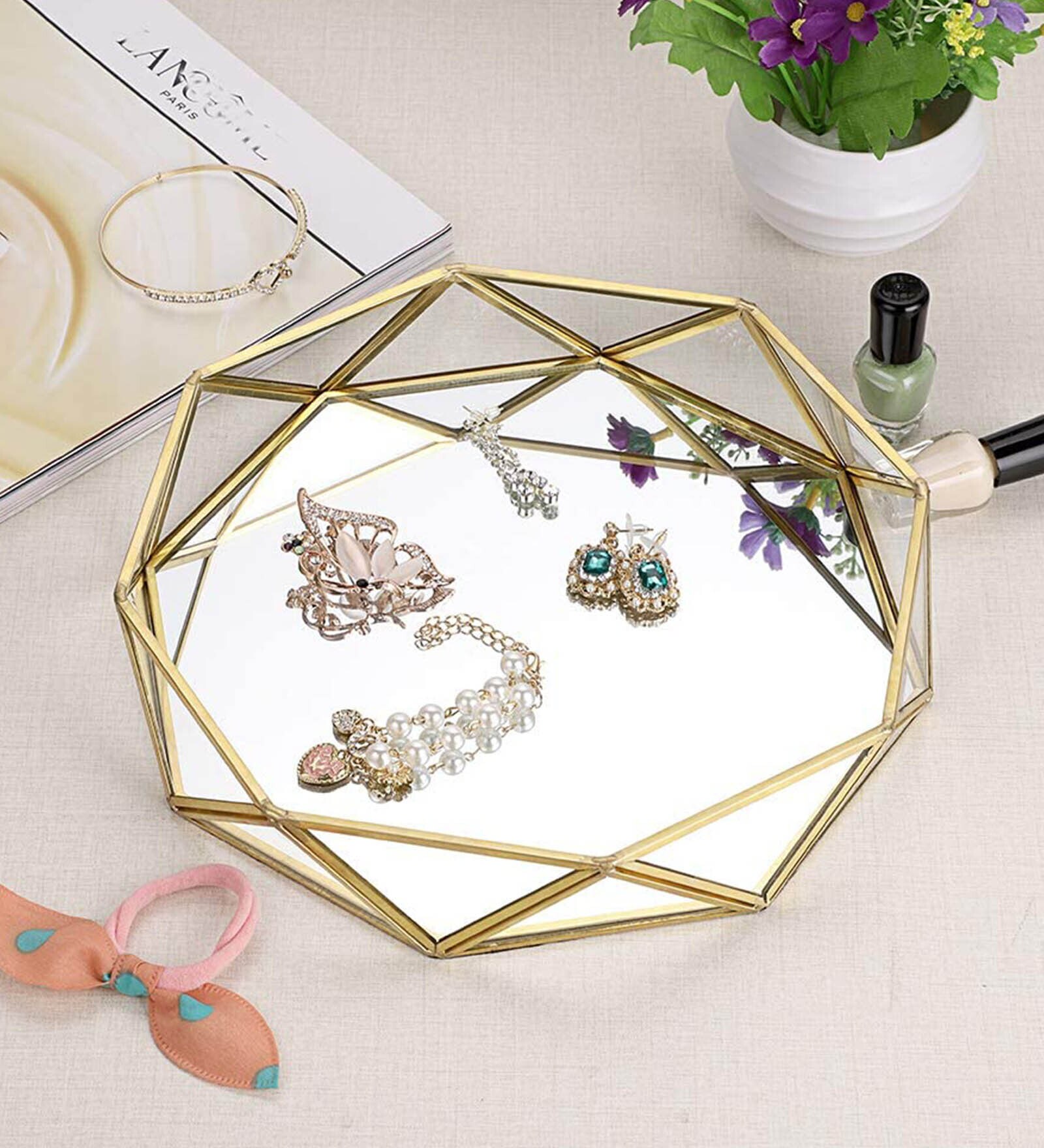 Gold & Metal And Glass Octagonal Vanity Tray Jewellery Organiser