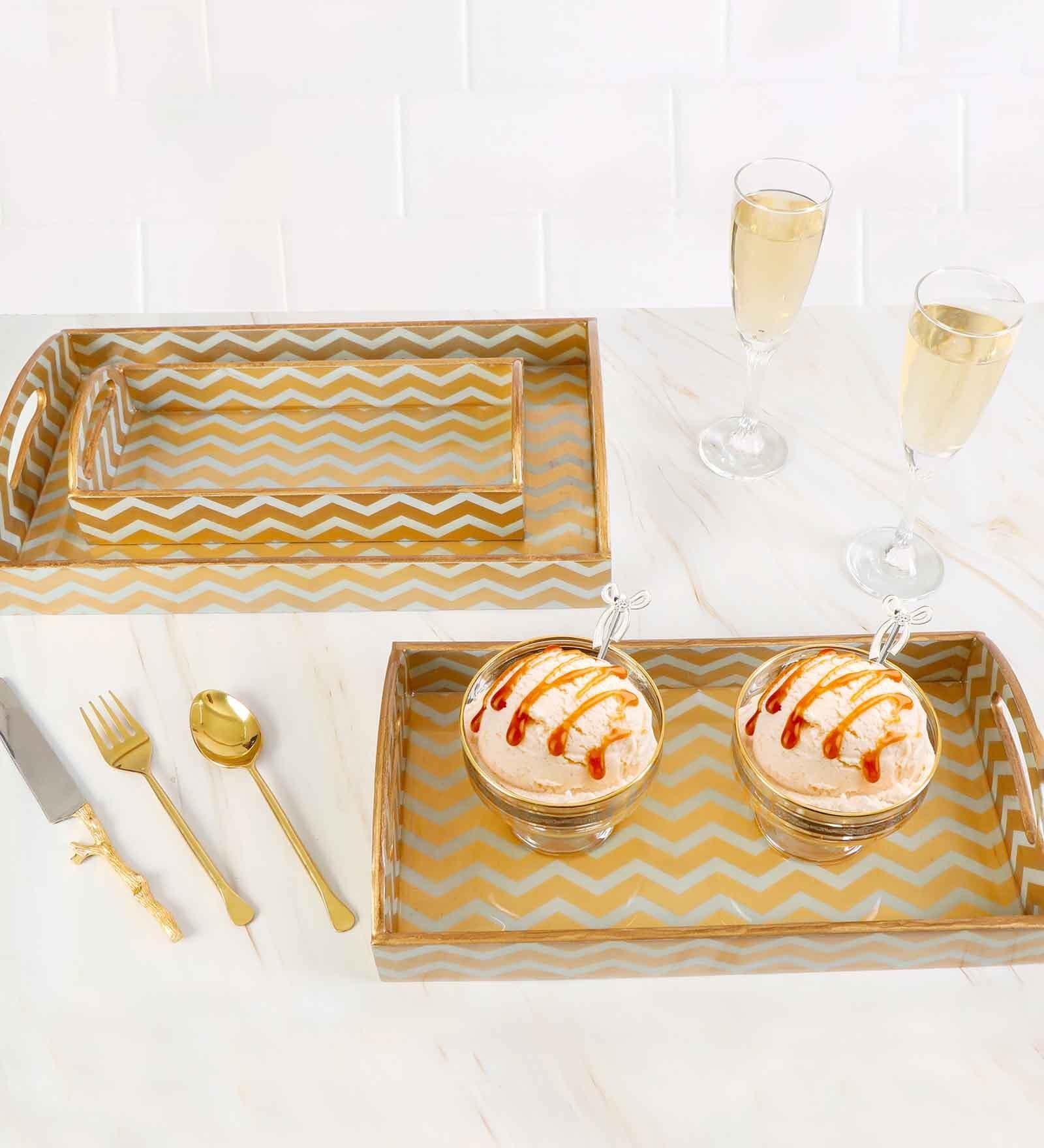 Gold & Silver MDF Wood Chevron (Set of 3) Serving Tray