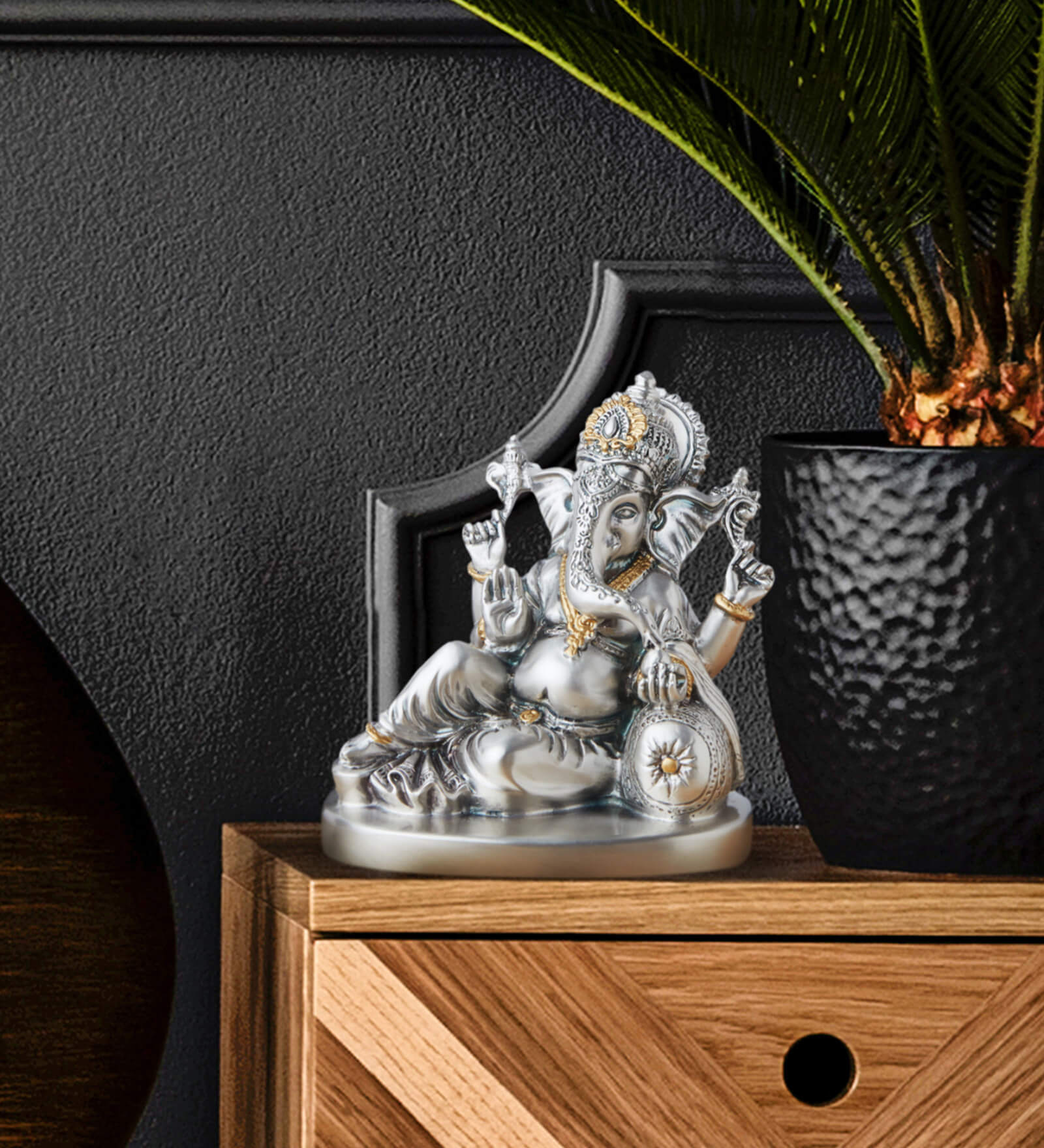 Gold & Silver Resin Little Sitting Ganesha 13 Inch Religious Idol (1 Pc)