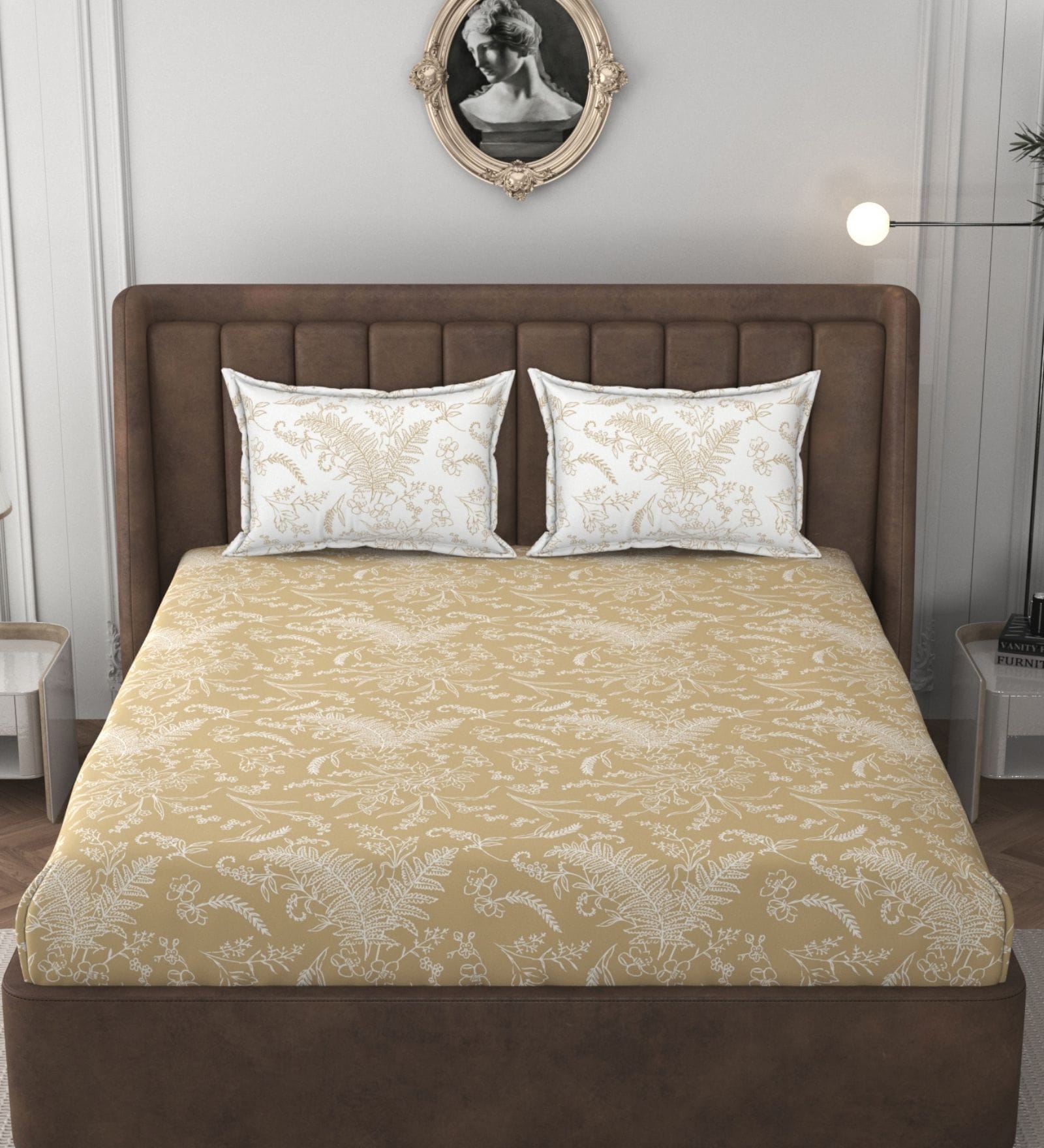 Gold & White Glace Cotton Floral Print Elastic Fitted King Bedsheet With 2 Pillow Covers