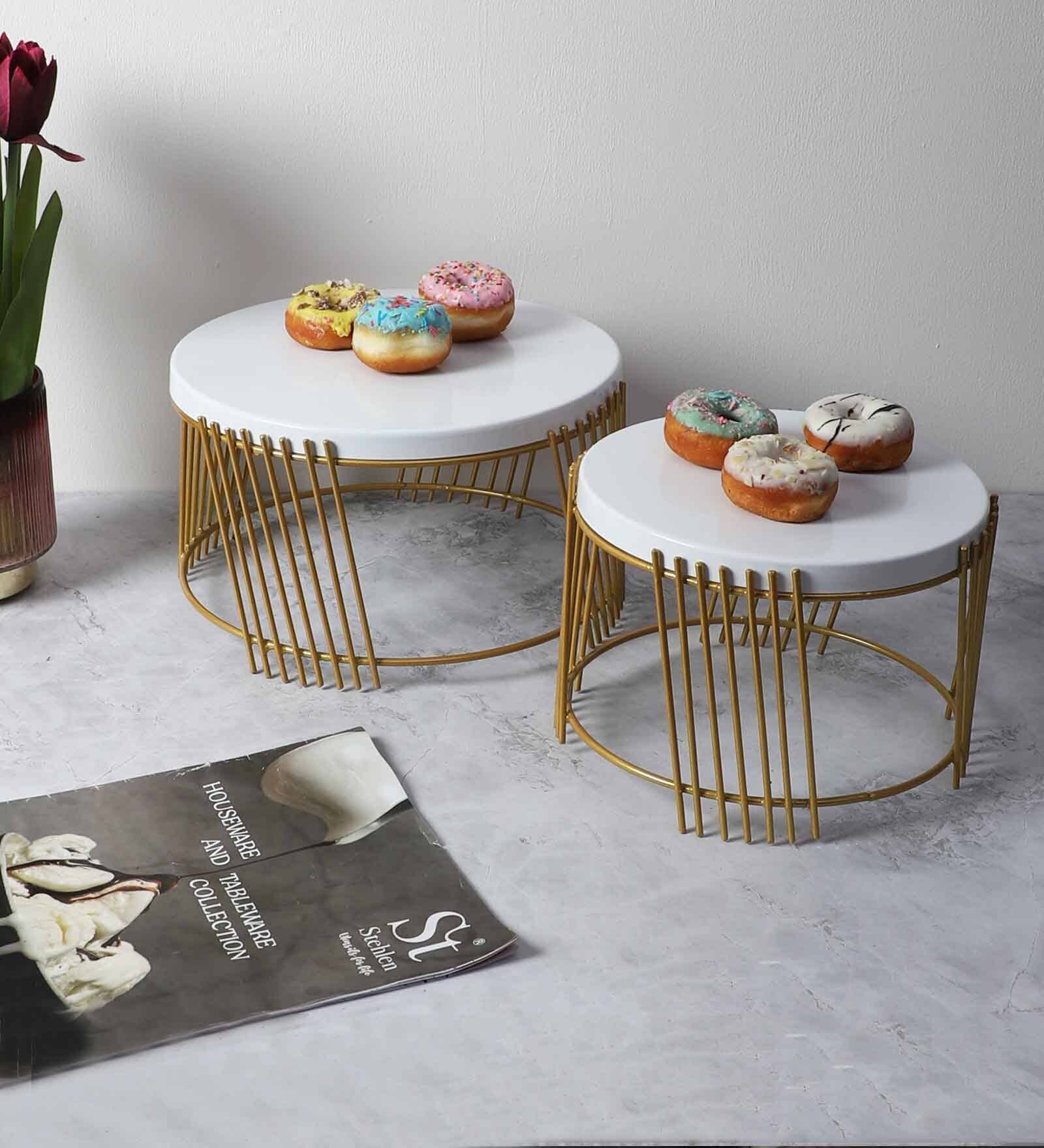 Gold & White Round Metal Buffet Platter Set of 2