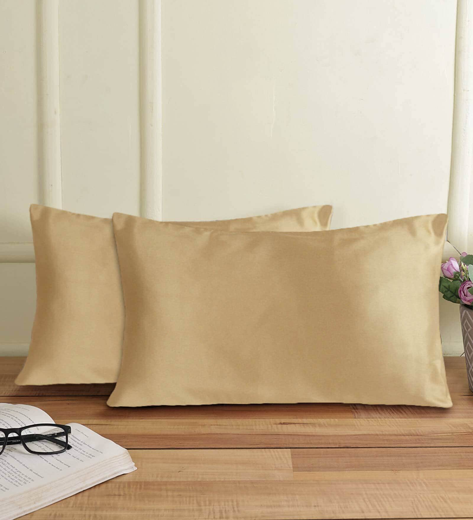 Gold Solid 210TC Satin 17 x 27 Inches Pillow Covers (Set of 2)