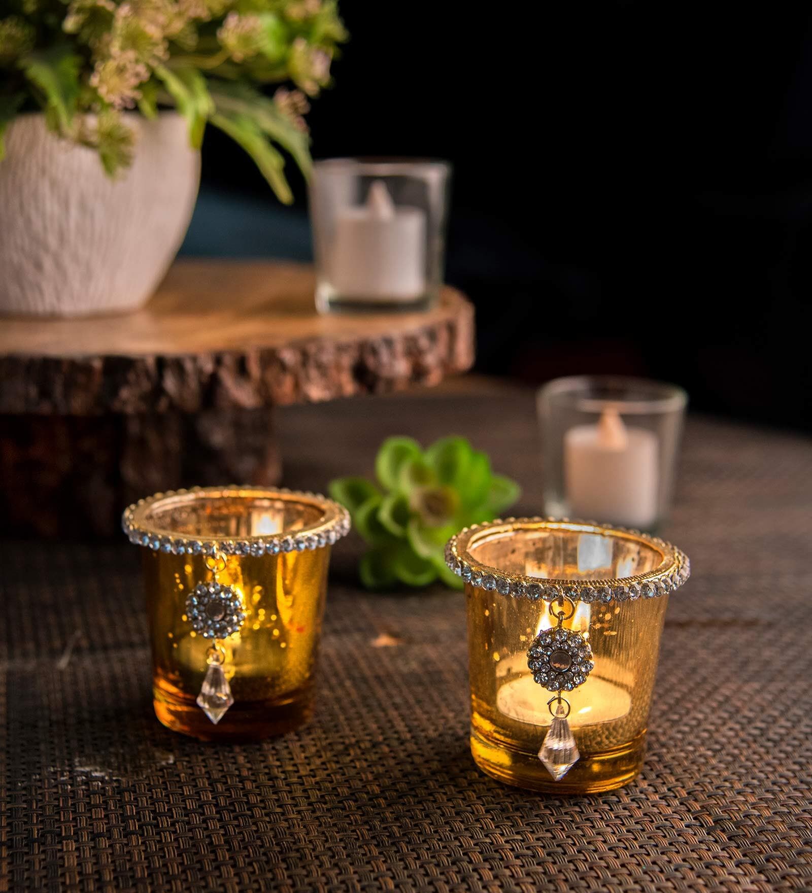 Buy Gold Glass Votive & Tea Light Holders (Pack Of 2) at 33 OFF by