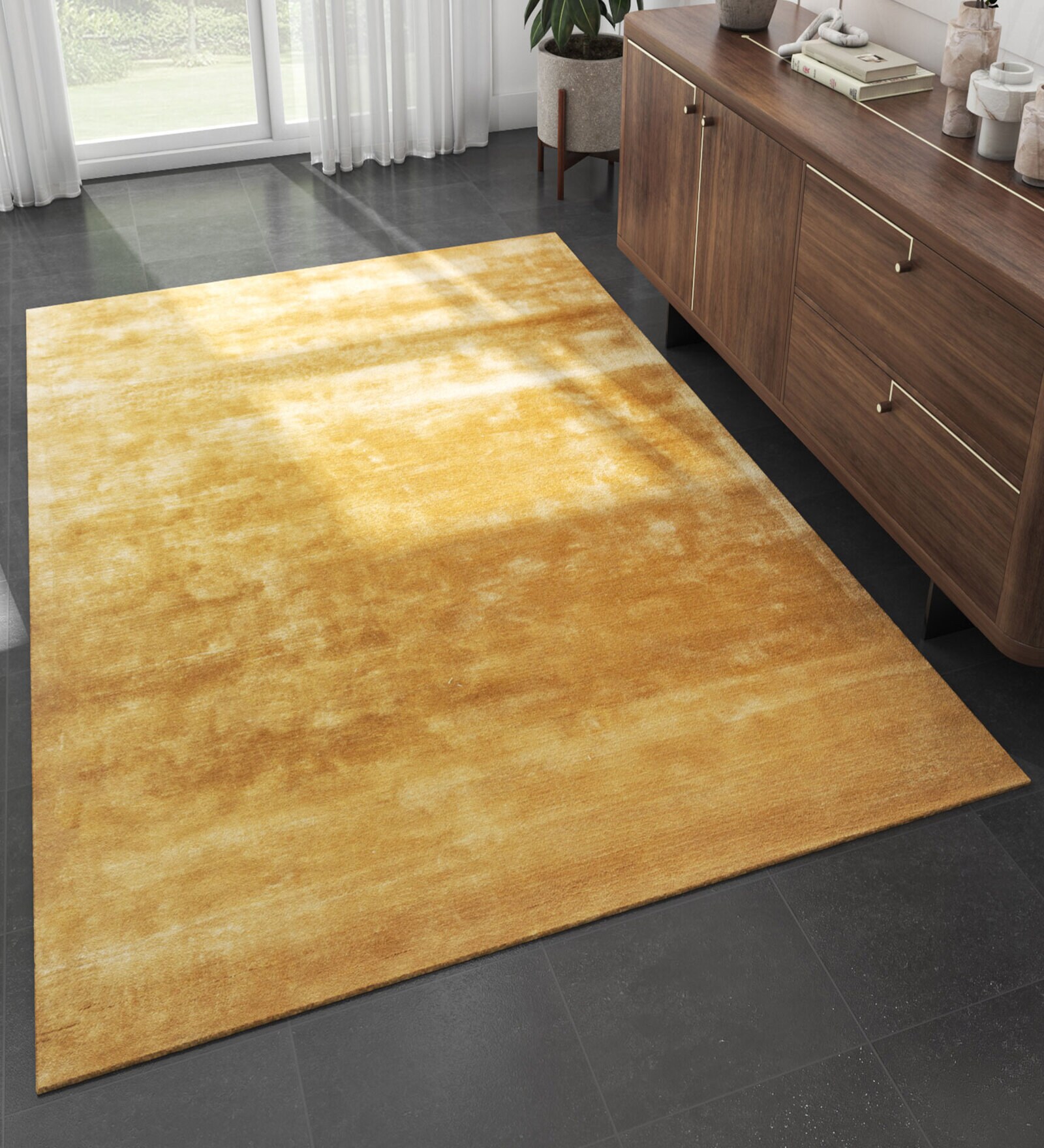 Gold Abstract Viscose 4 ft X 6 ft Hand Tufted Rectangle Carpet