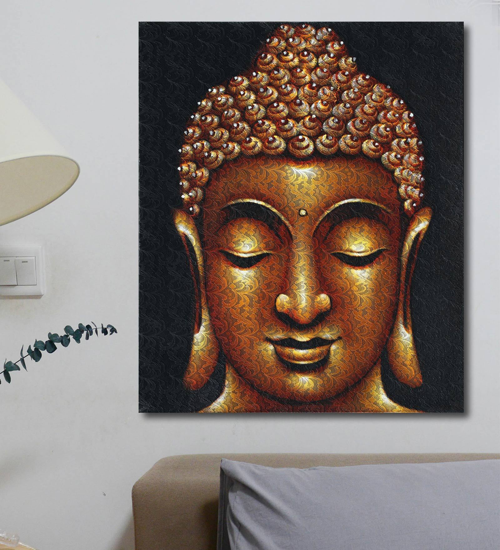 Gold Acrylic Canvas Golden Buddha On Lace Fabric Unframed Original Painting