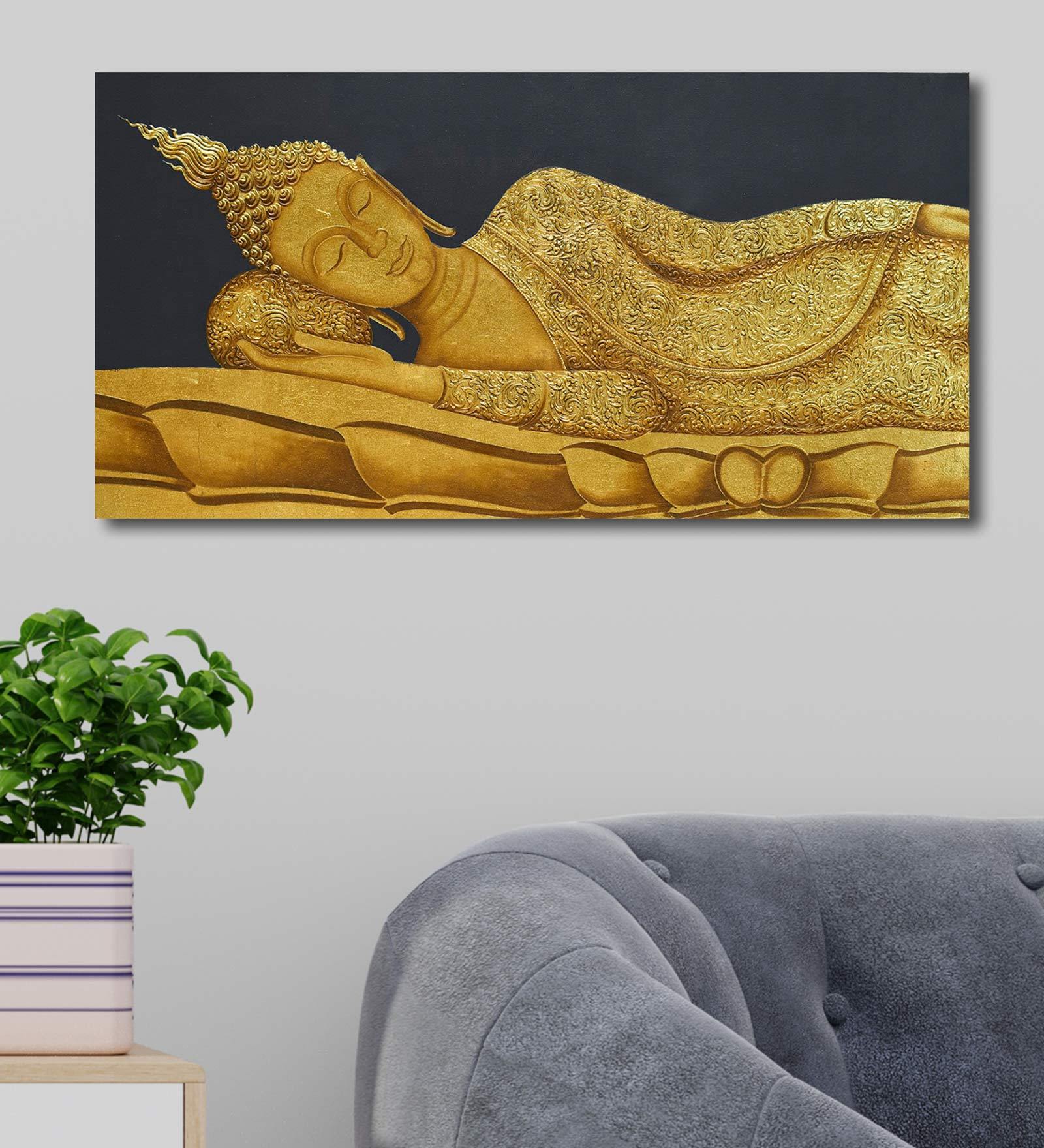 Gold Acrylic Canvas Golden Reclining Buddha Unframed Original Painting