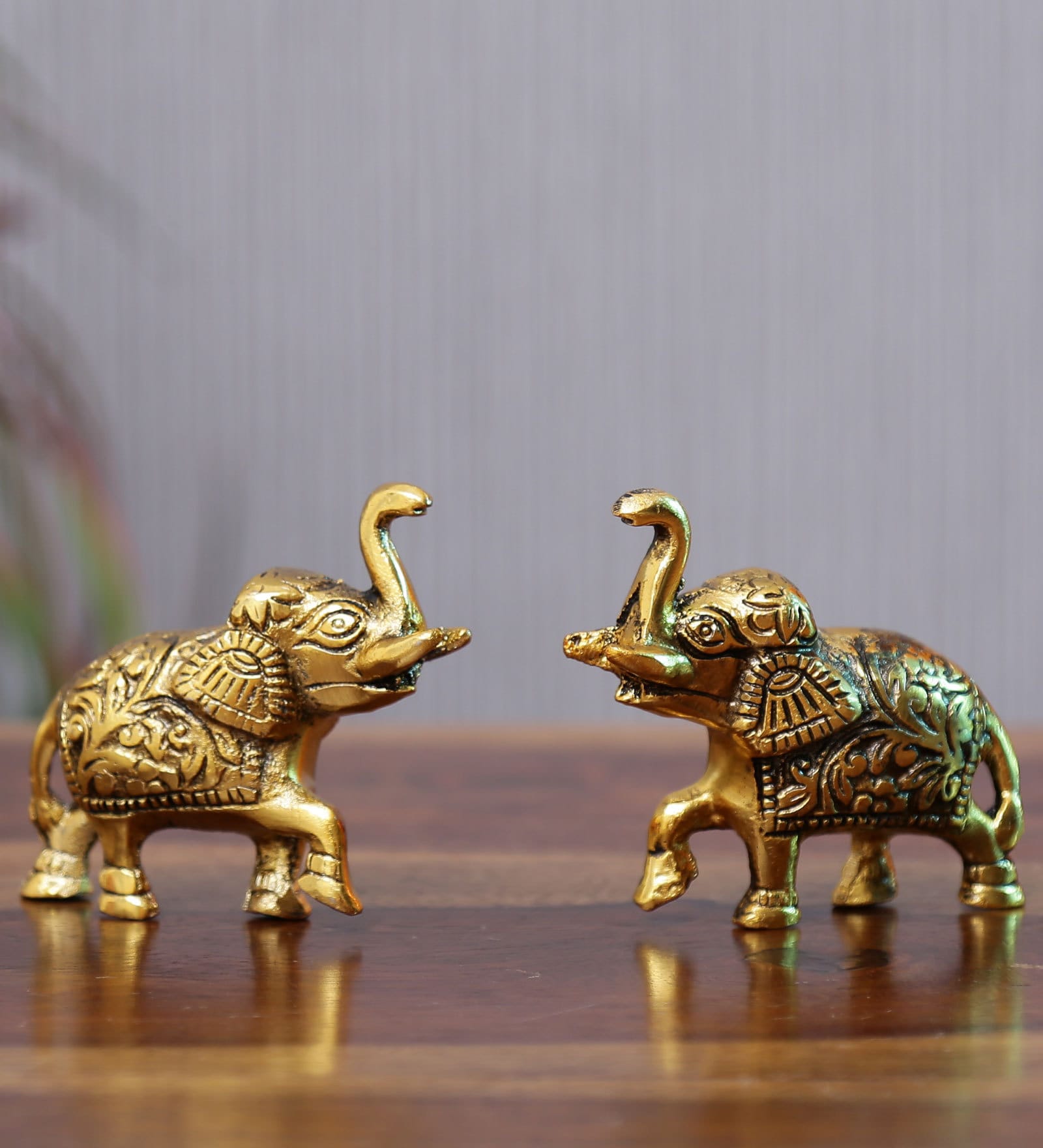 Gold Aluminium Elephant Pair Carved Idol