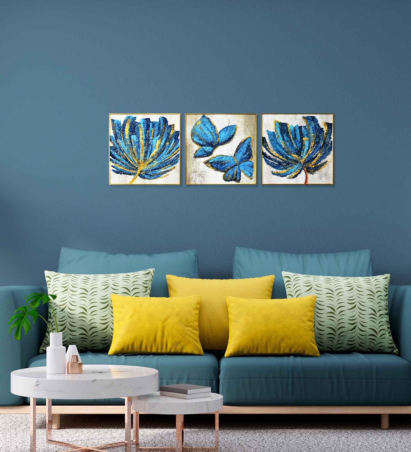 Gold Aluminium Modern Blue Floral  Wall Accents Set of 1