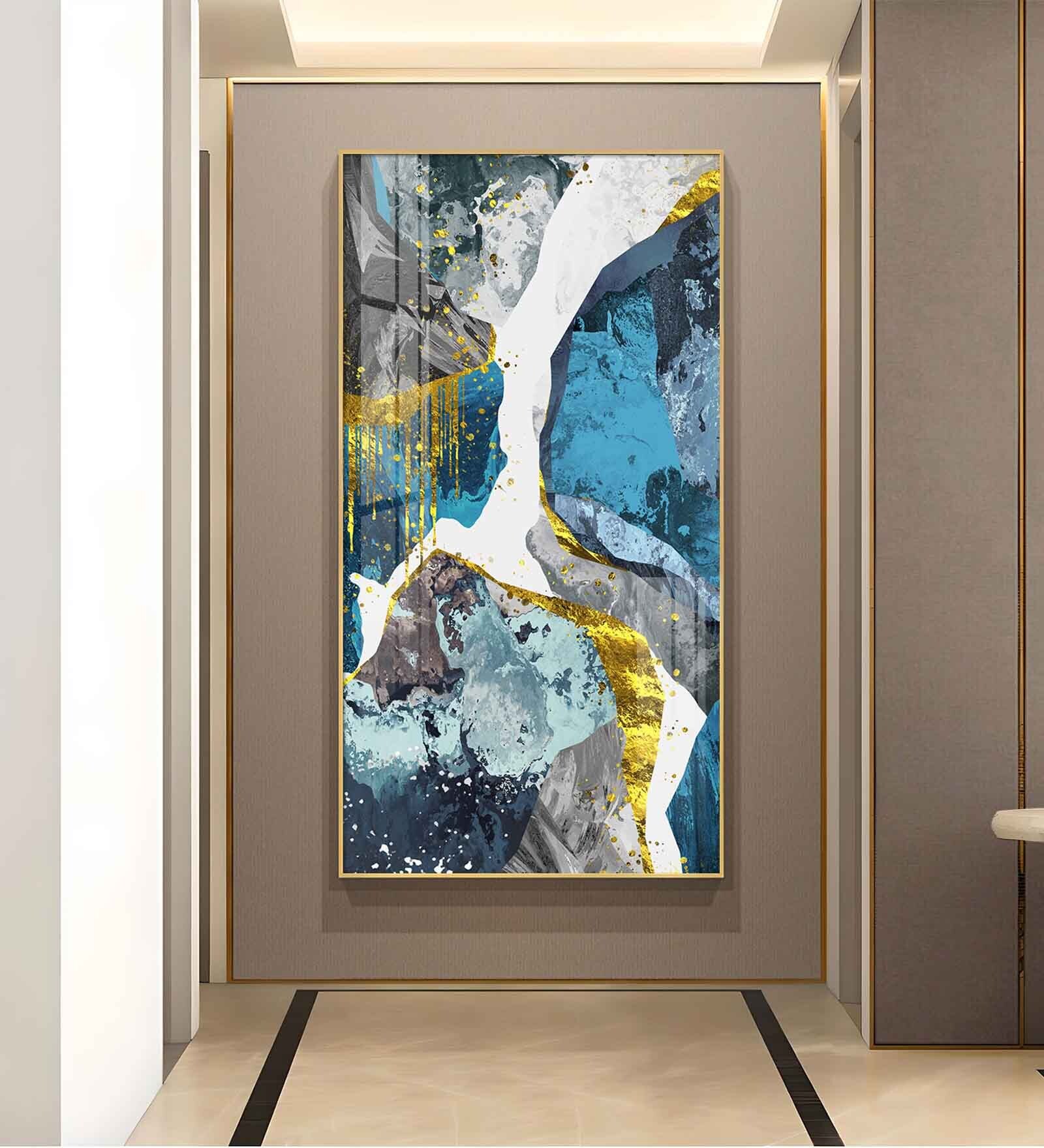 Gold and Blue Abstraction Glass Finish Vertical Wall Art