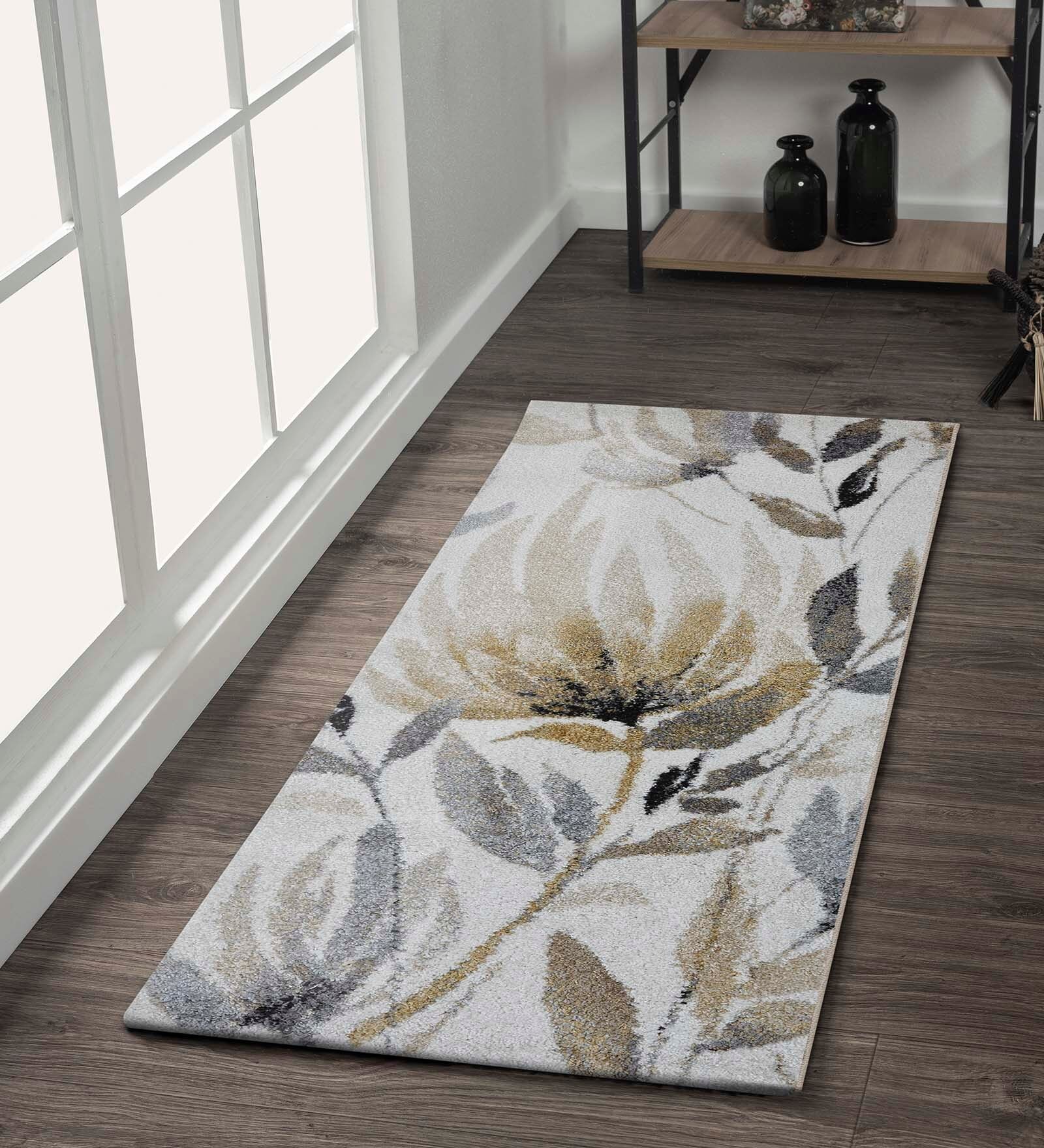 Gold and Grey Floral Polypropylene 5 ft x 2.5 ft Machine Made Runner