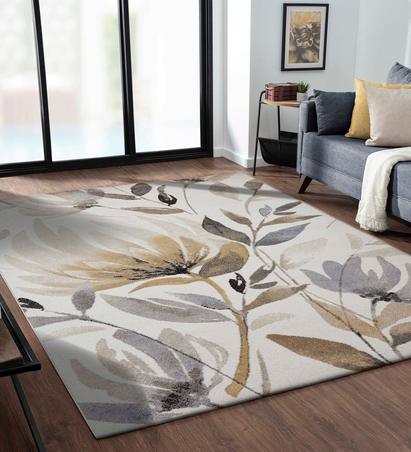 Gold and Grey Floral Polypropylene 9 ft x 6 ft Machine Made Carpet