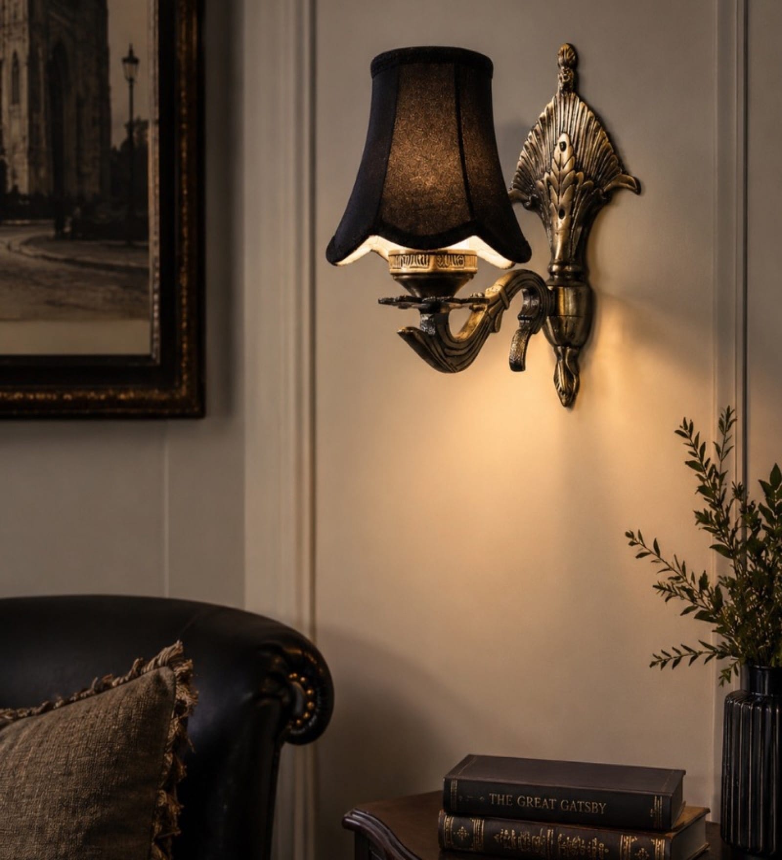 Gold Antique Wall Mounted Lamp with Black Cotton Shade