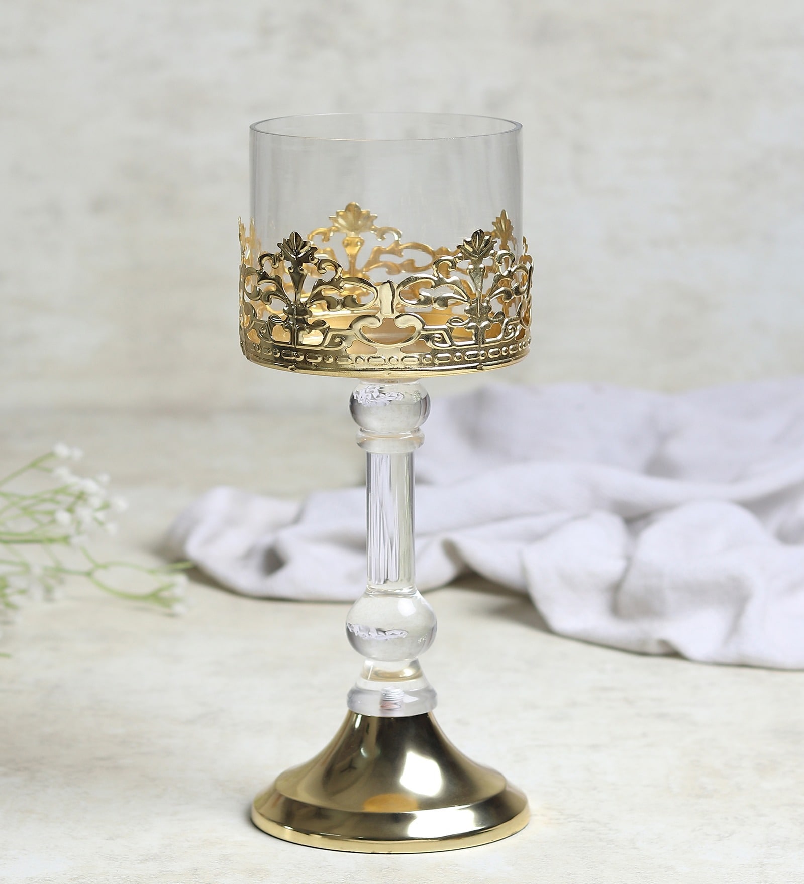 Gold Aurum Crest Pillar Candle Holder Big