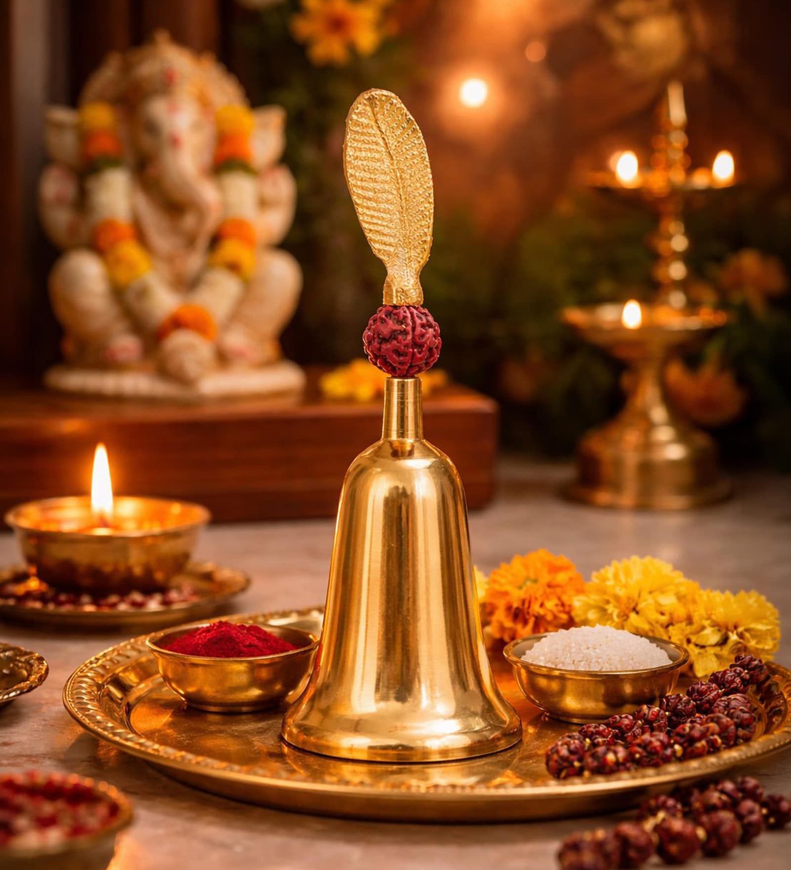 Gold Bell with Decorative Rudraksh Feather Handle