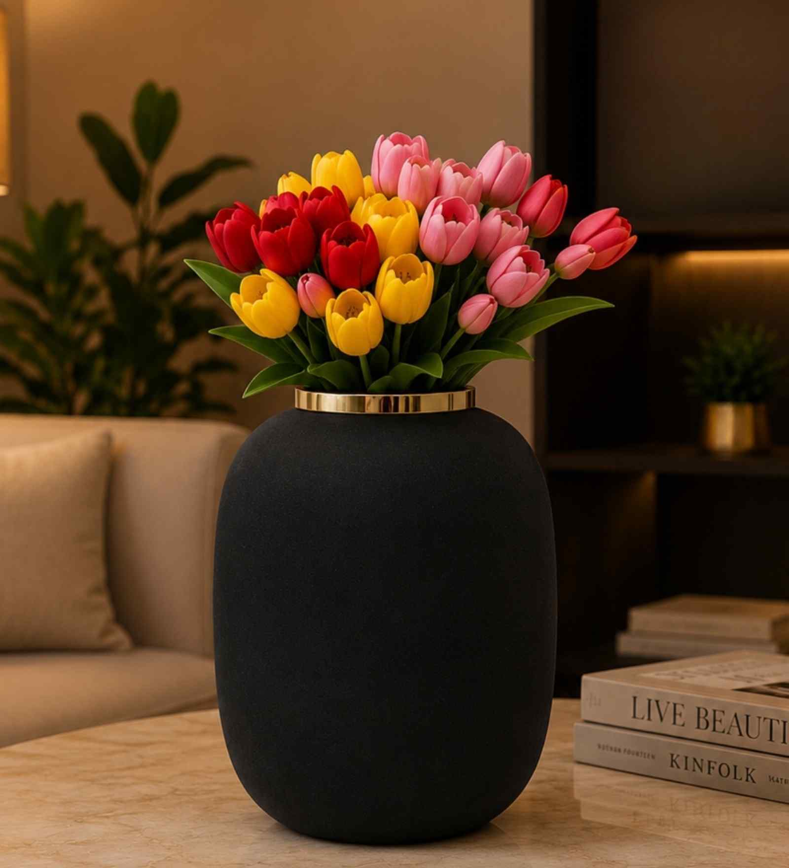 Gold Black Texture Tall Rounded Cylinder Vase For HomeDecor