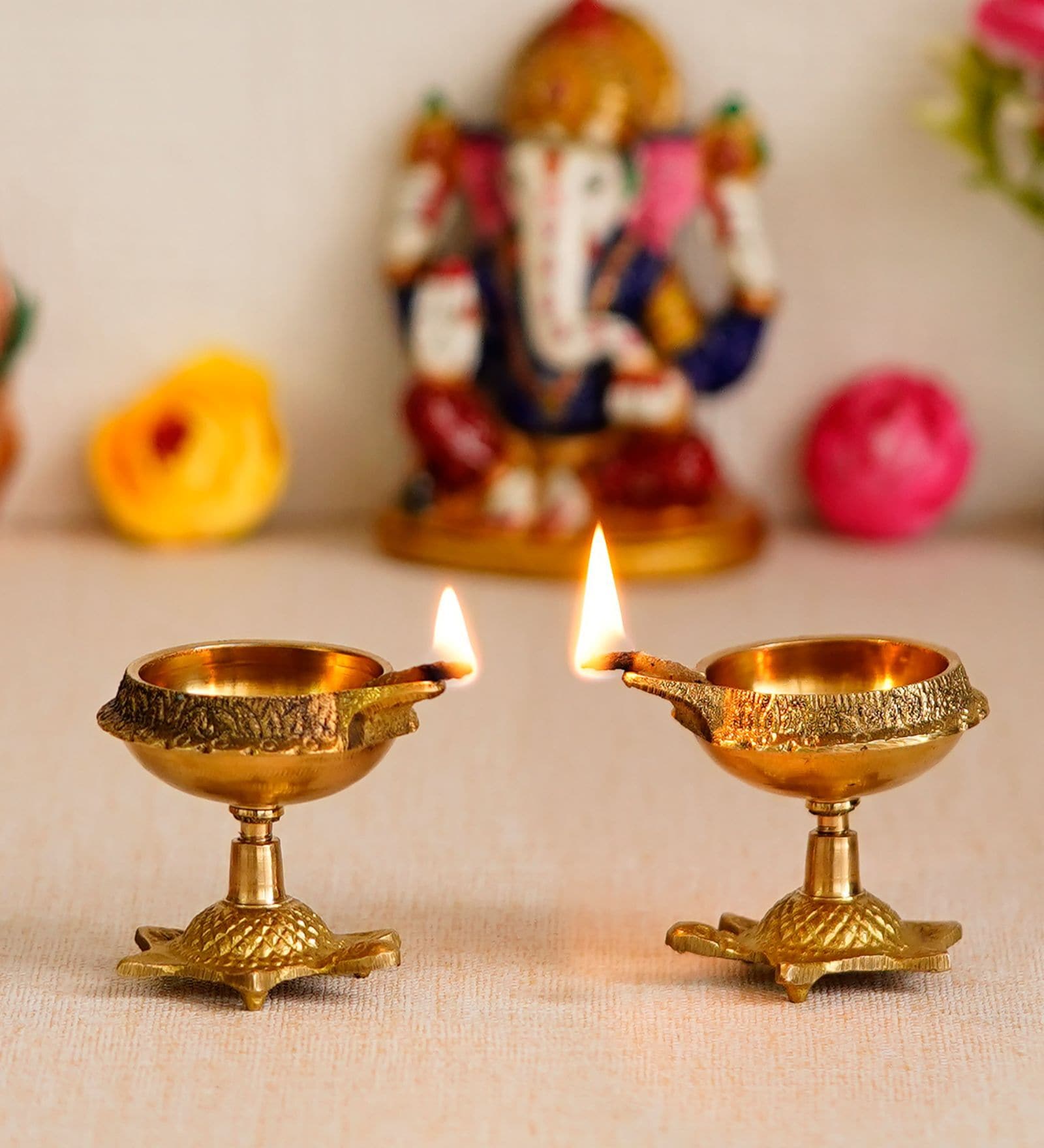 Gold Brass (Set of 2) Diyas With Tortoise Base