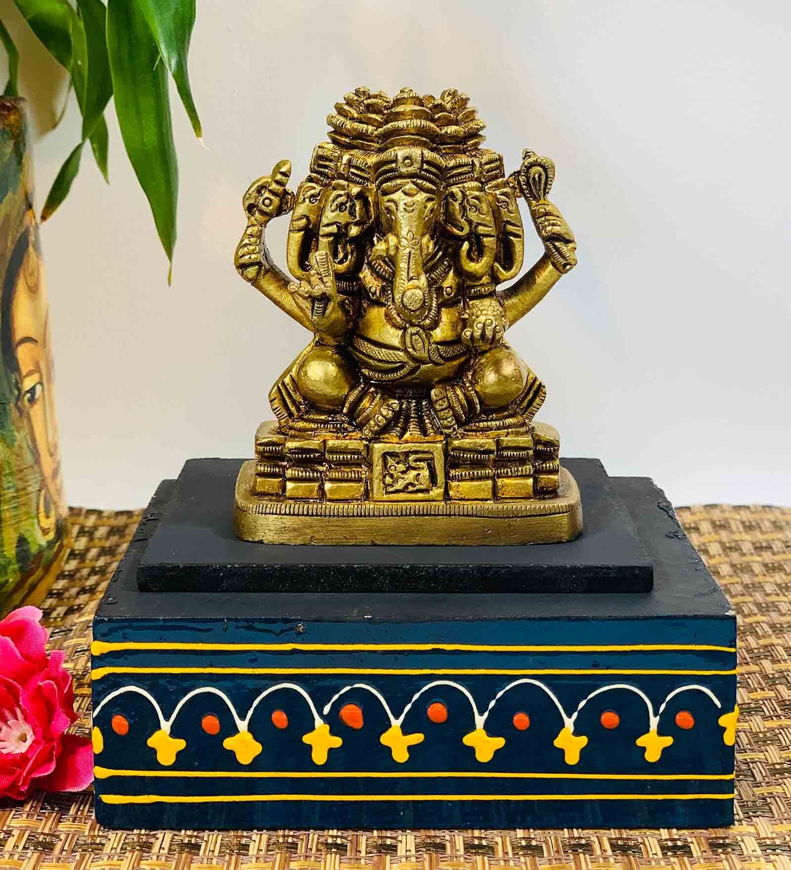 Gold Brass Brass Engraved Panchmukhi Ganesha Idol