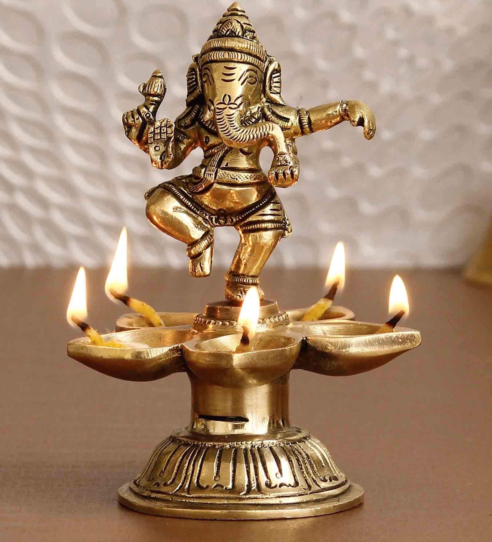 Gold Brass Dancing Lord Ganesha Handcrafted with Diya for 5 Wicks eCraftIndia