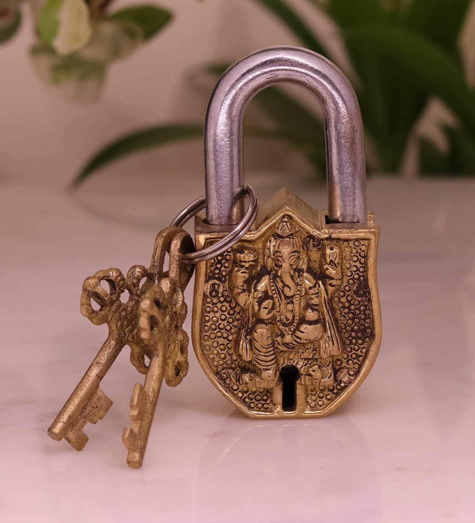 Gold Brass Ganesh Design Antique Lock Idol