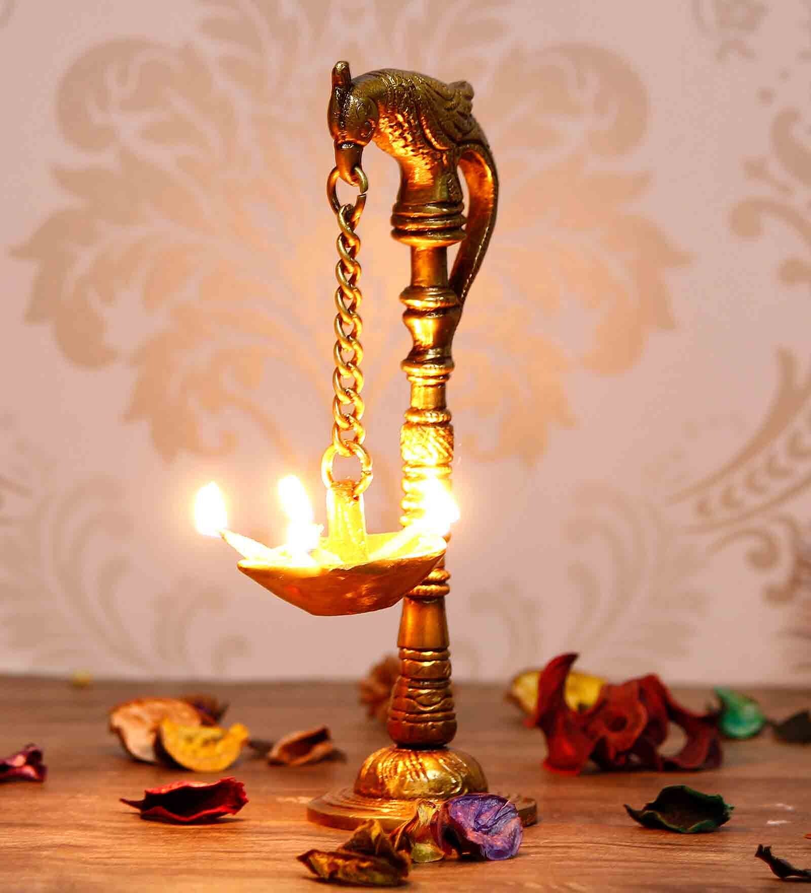 Gold Brass Handcrafted Parrot Diya for 5 wicks with Stand eCraftIndia