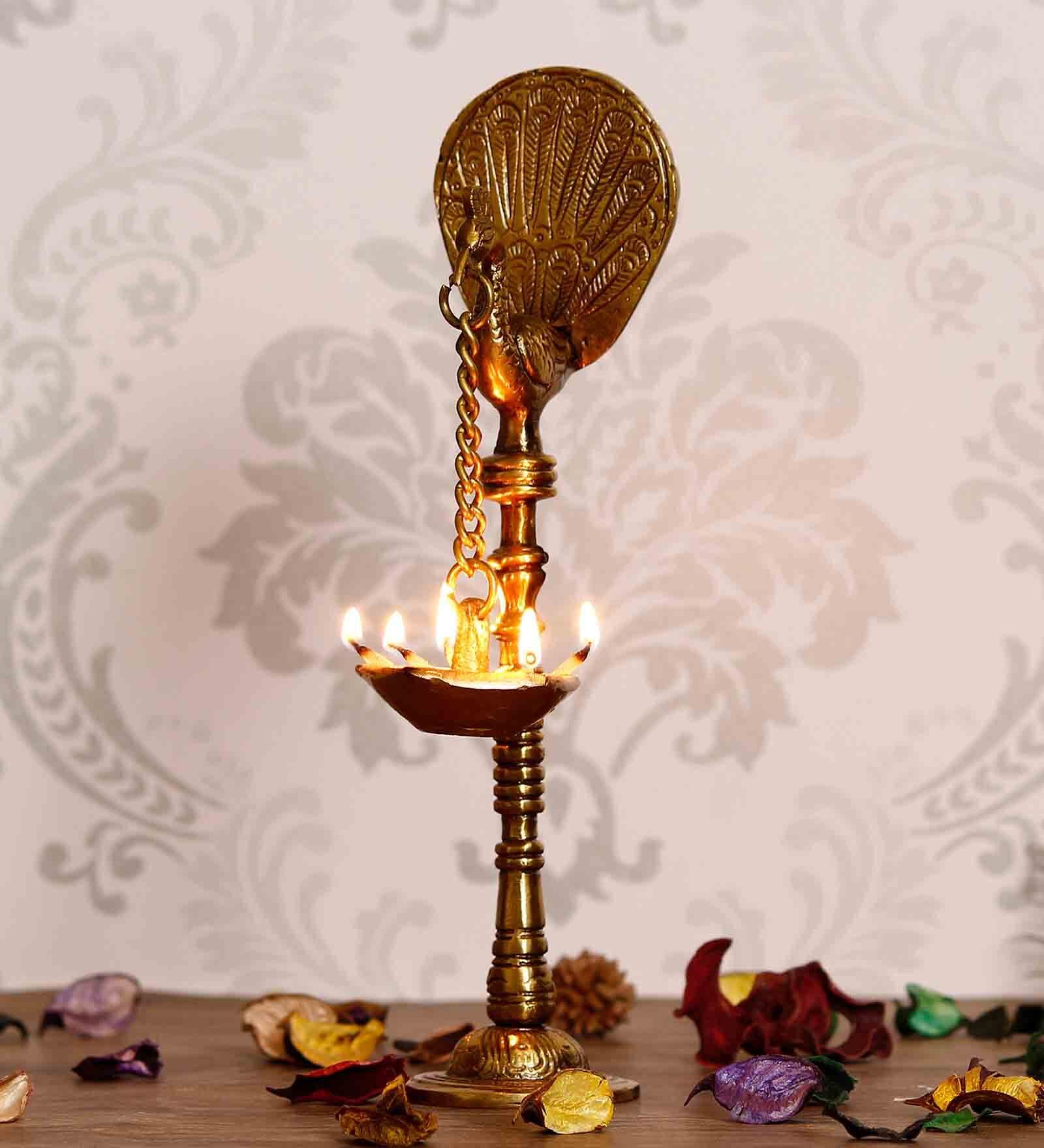 Gold Brass Handcrafted Peocock Diya For 5 Wicks With Stand