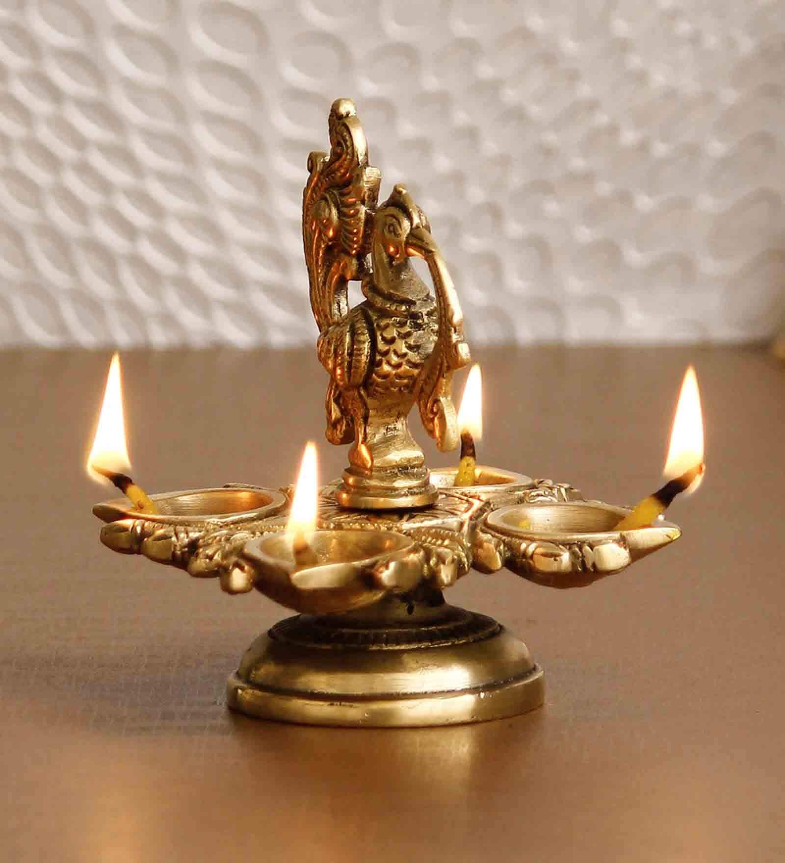 Gold Brass Handcrafted Peocock With Diya For 4 Wicks