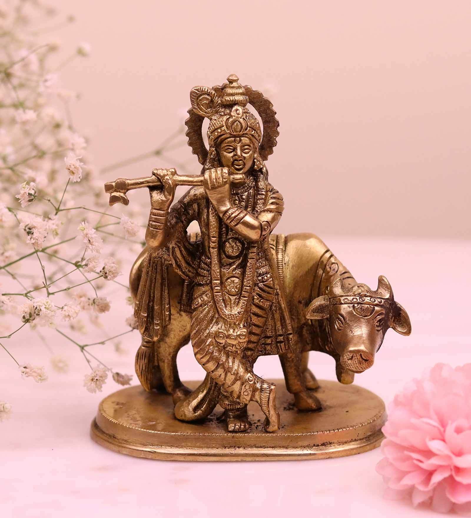 Gold Brass Krishna Playing Bansuri With Cow Idol