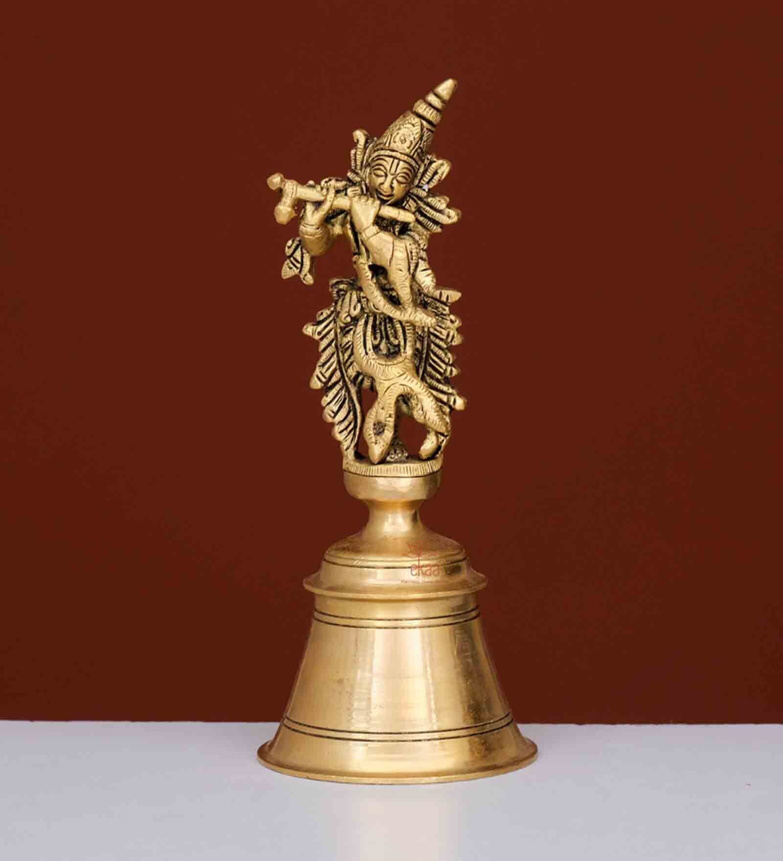 Gold Brass Lord Krishna Bell Hand Held Pooja Ghanti