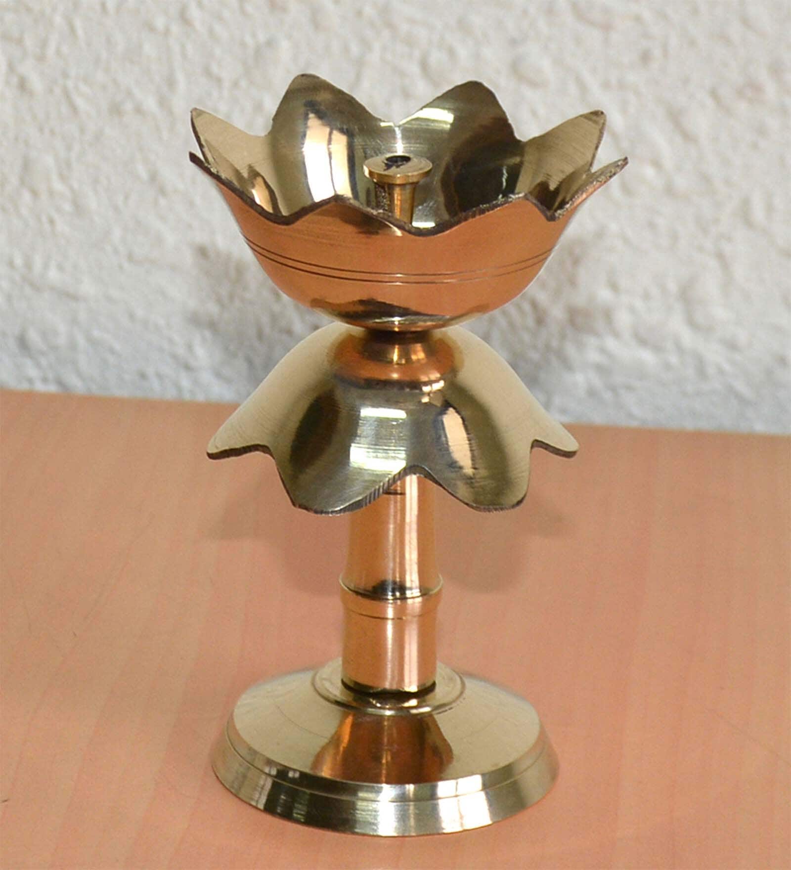 Gold Brass Lotus Shaped Diya With Stand