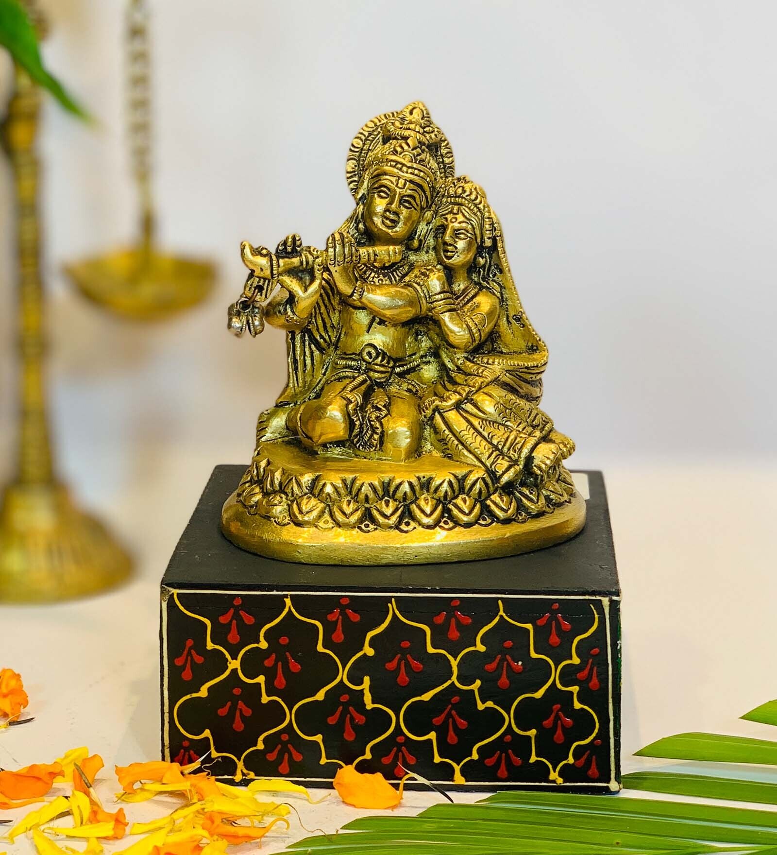 Gold Brass Radha Krishna Sitting Idol