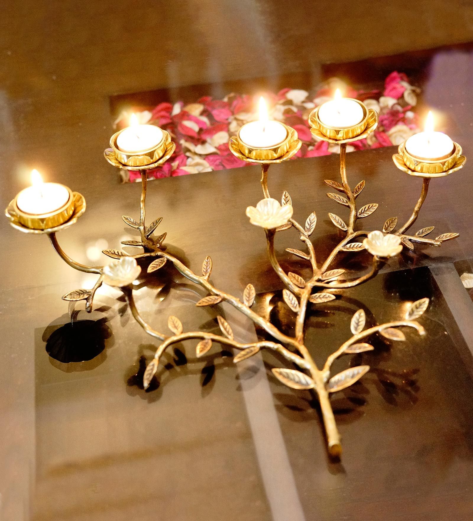 Leaf Palm Set Of 5 Gold Brass Table Tea Light Holder