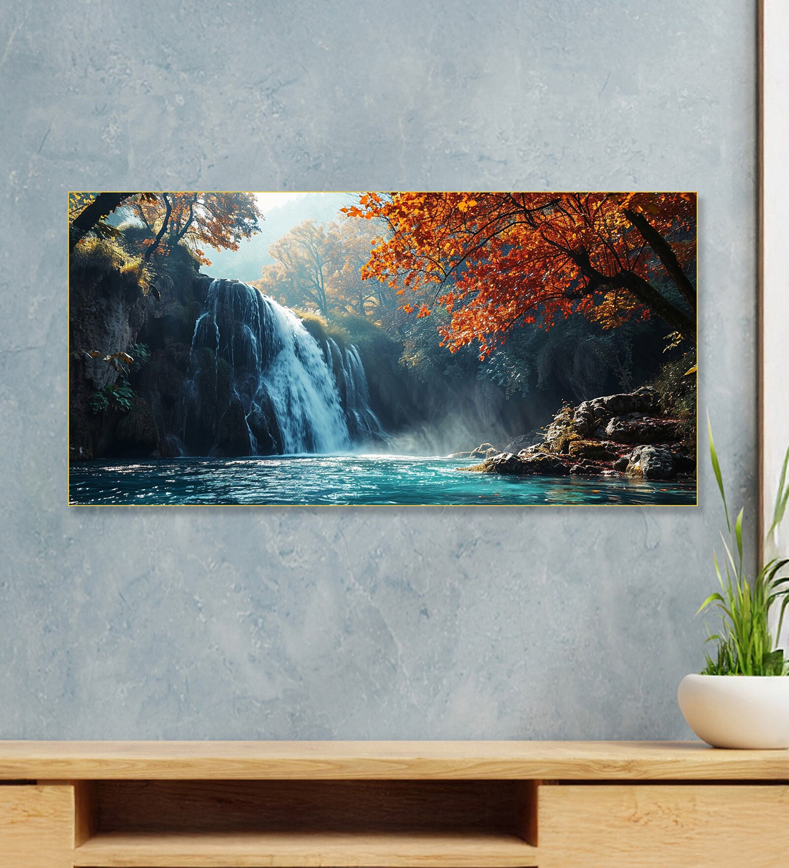 Gold Canvas Framed Autumn Serenity Forest Waterfall Escape Wall Painting(12X24 Inch)