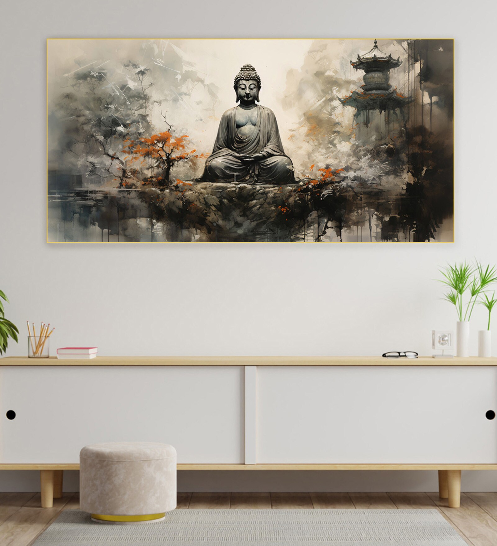 Canvas Framed Buddha in Tranquility on Rock Wall Painting