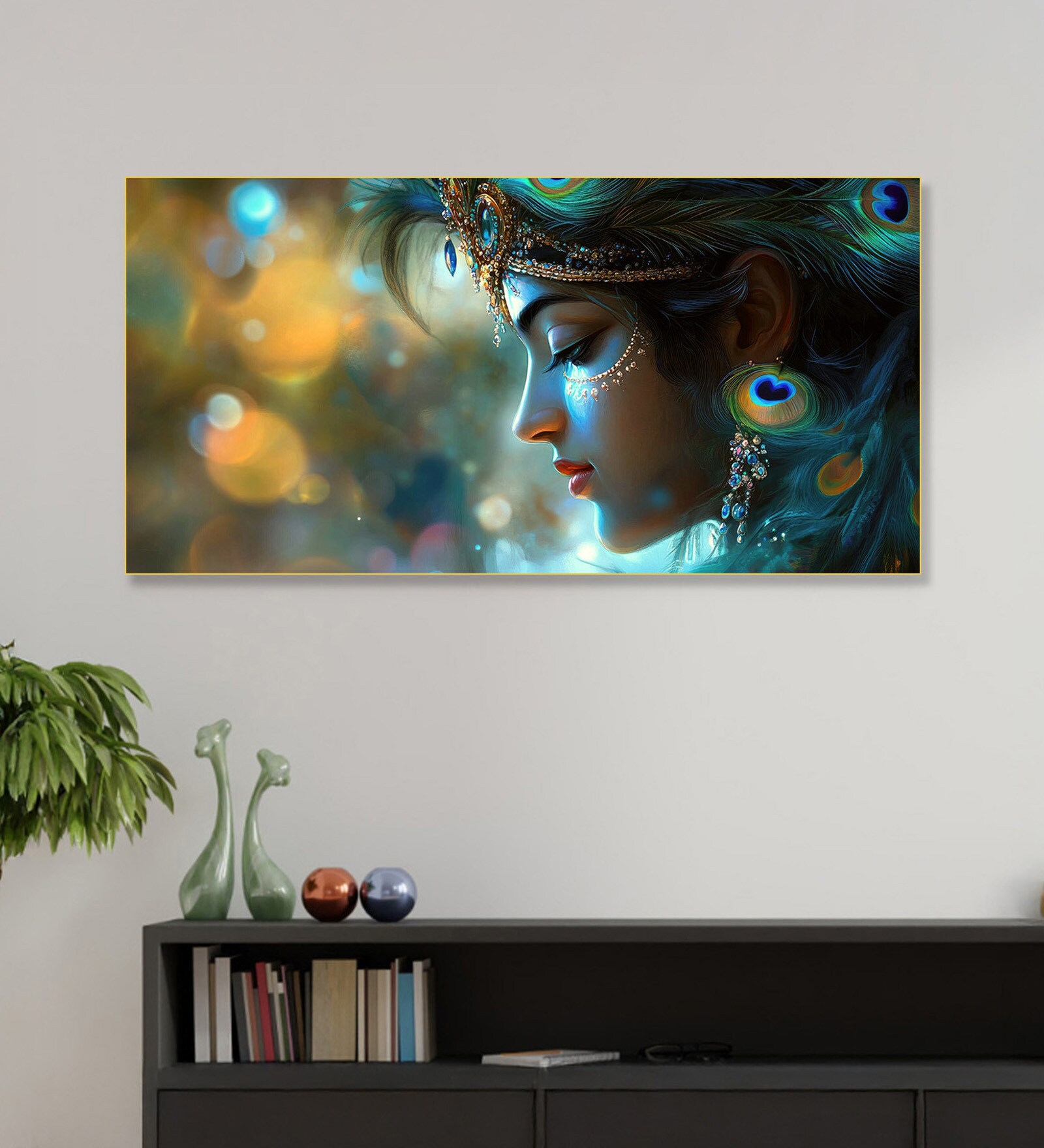 Gold Canvas Framed Divine Krishna: Essence of Love Wall Painting(12X24 Inch)