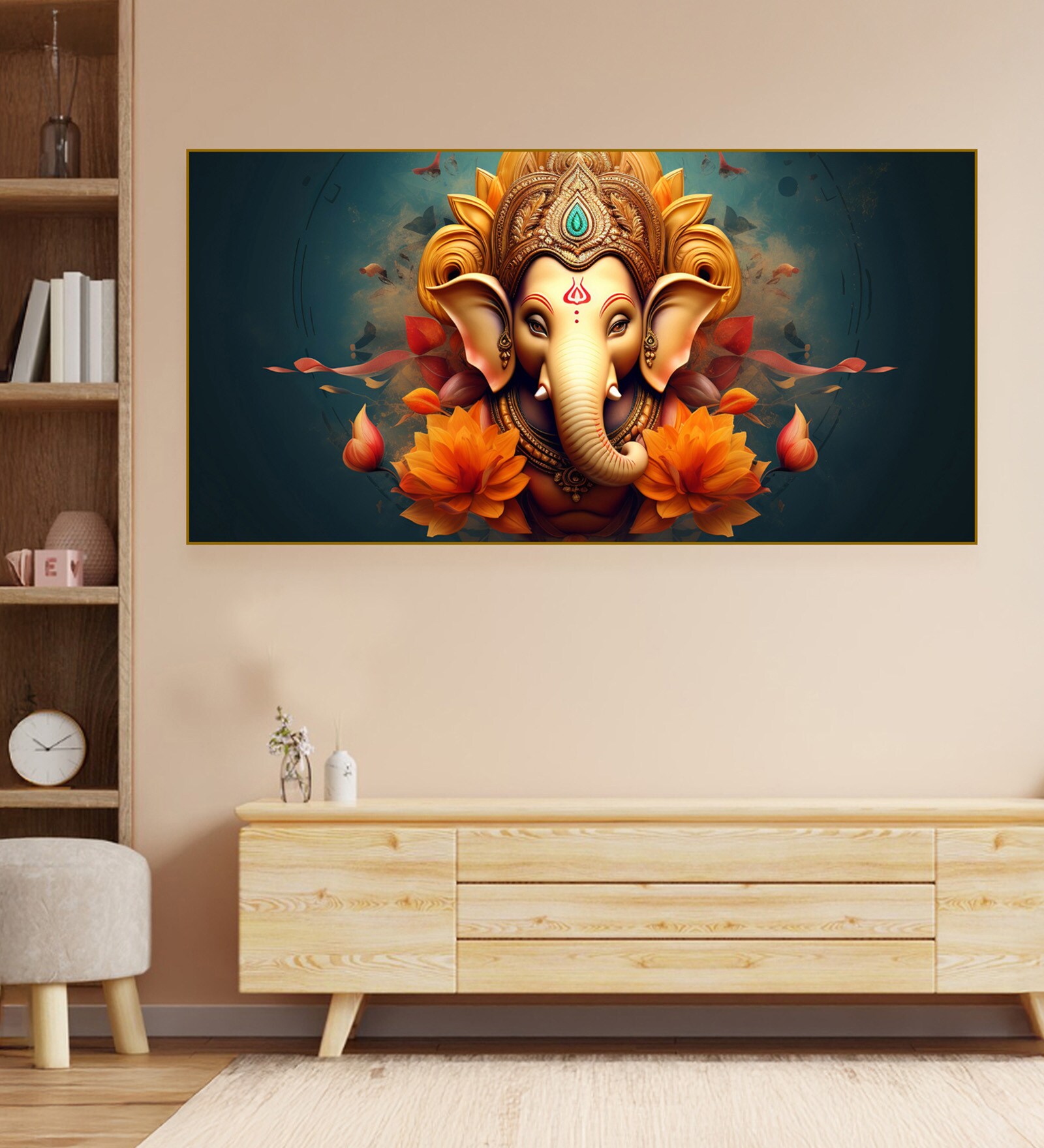 Gold Canvas Framed Divine Lord Ganesa in oral aesthetic Wall Painting