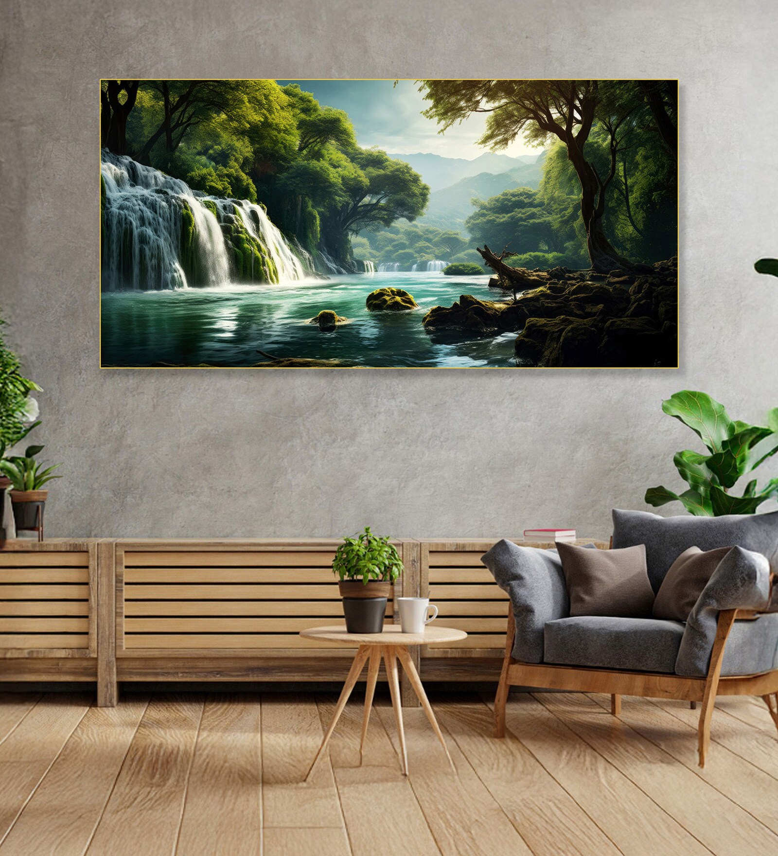 Gold Canvas Framed Enchanted Forest Waterfall Pink Serenity Wall Painting(24X48 Inch)