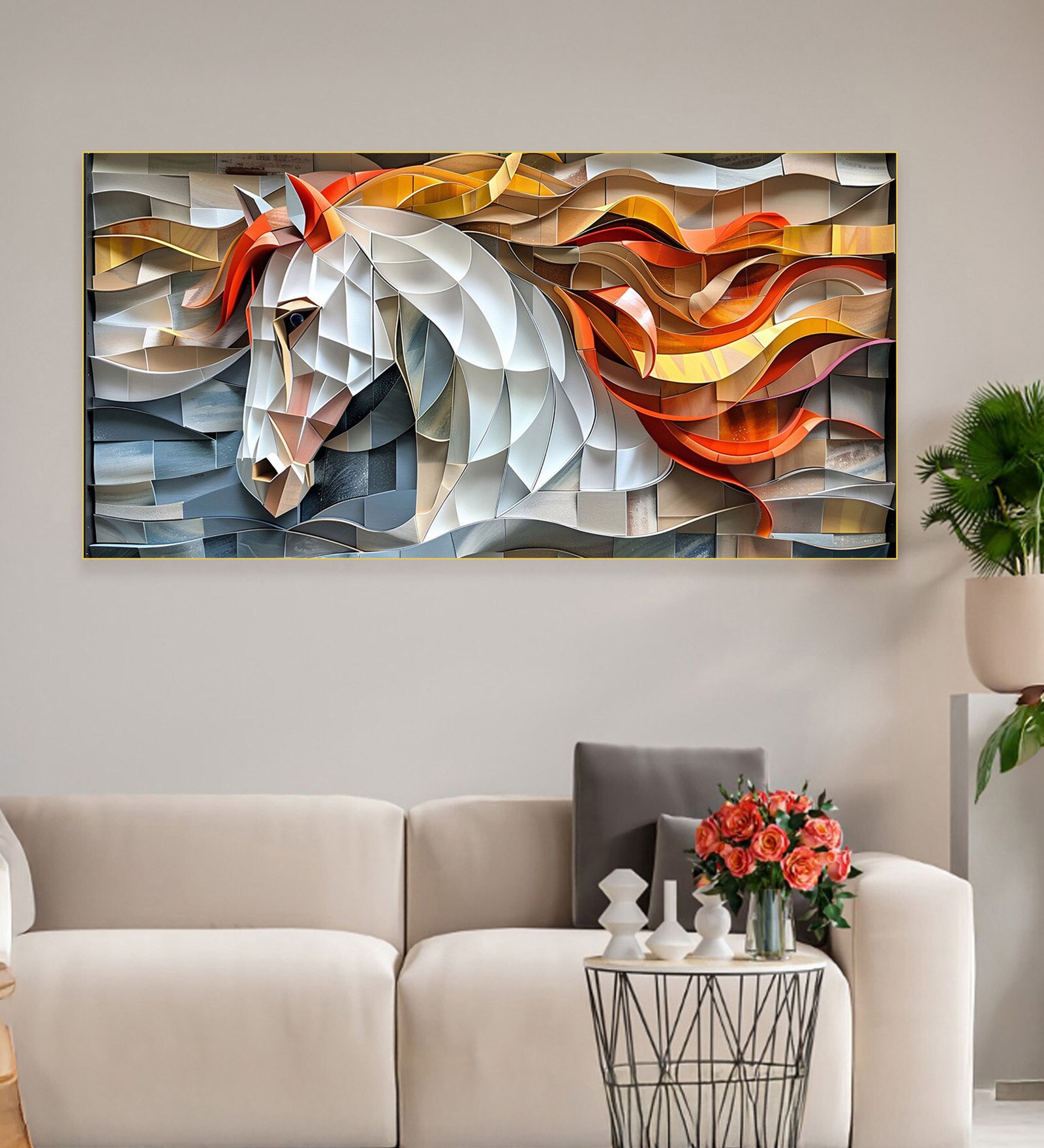 Gold Canvas Framed Exquisite White Horse with Mane Wall Painting(12X24 Inch)