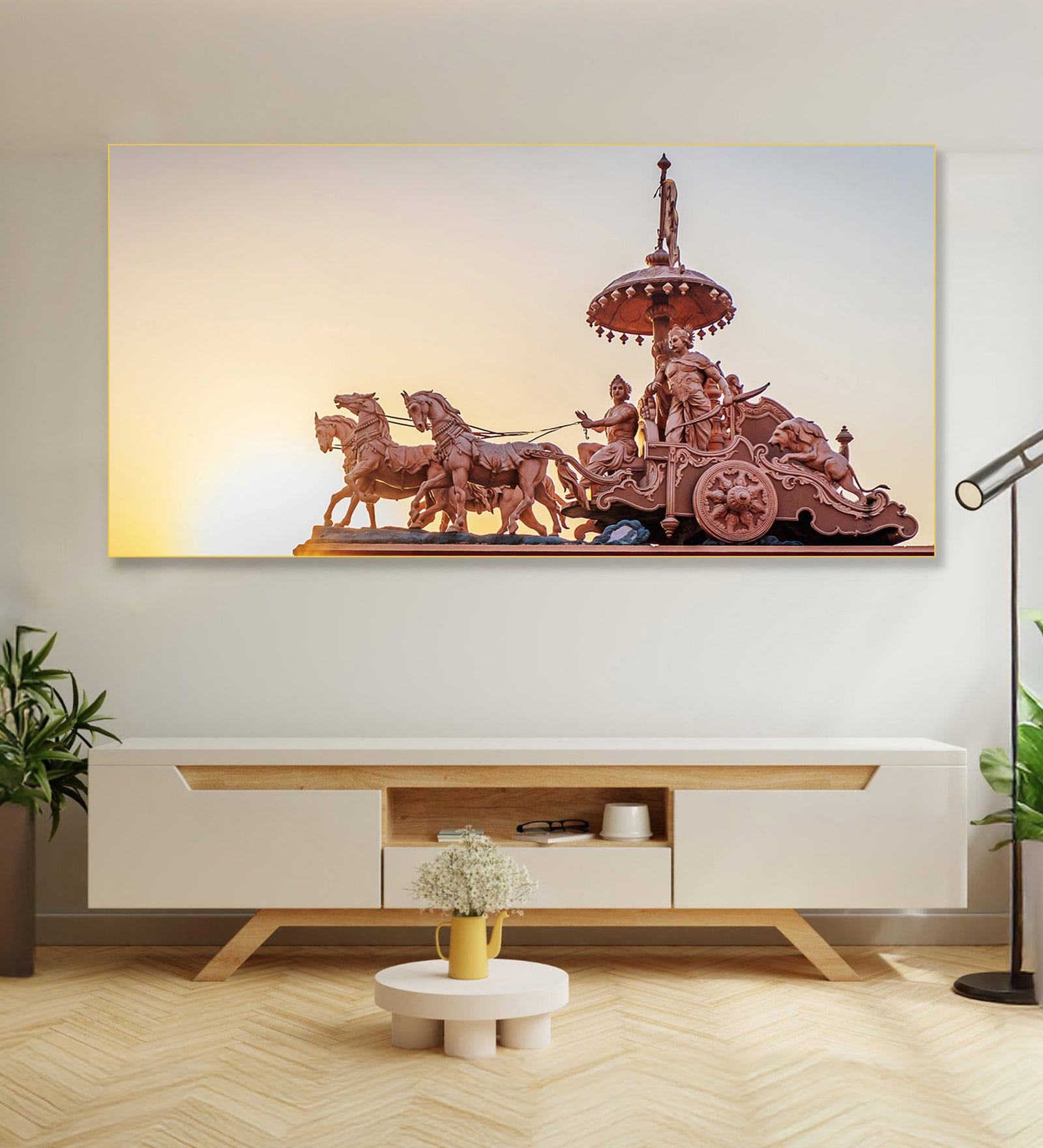 Gold Canvas Framed Krishna and Arjuna's Divine Journey Wall Painting(24X48 Inch)
